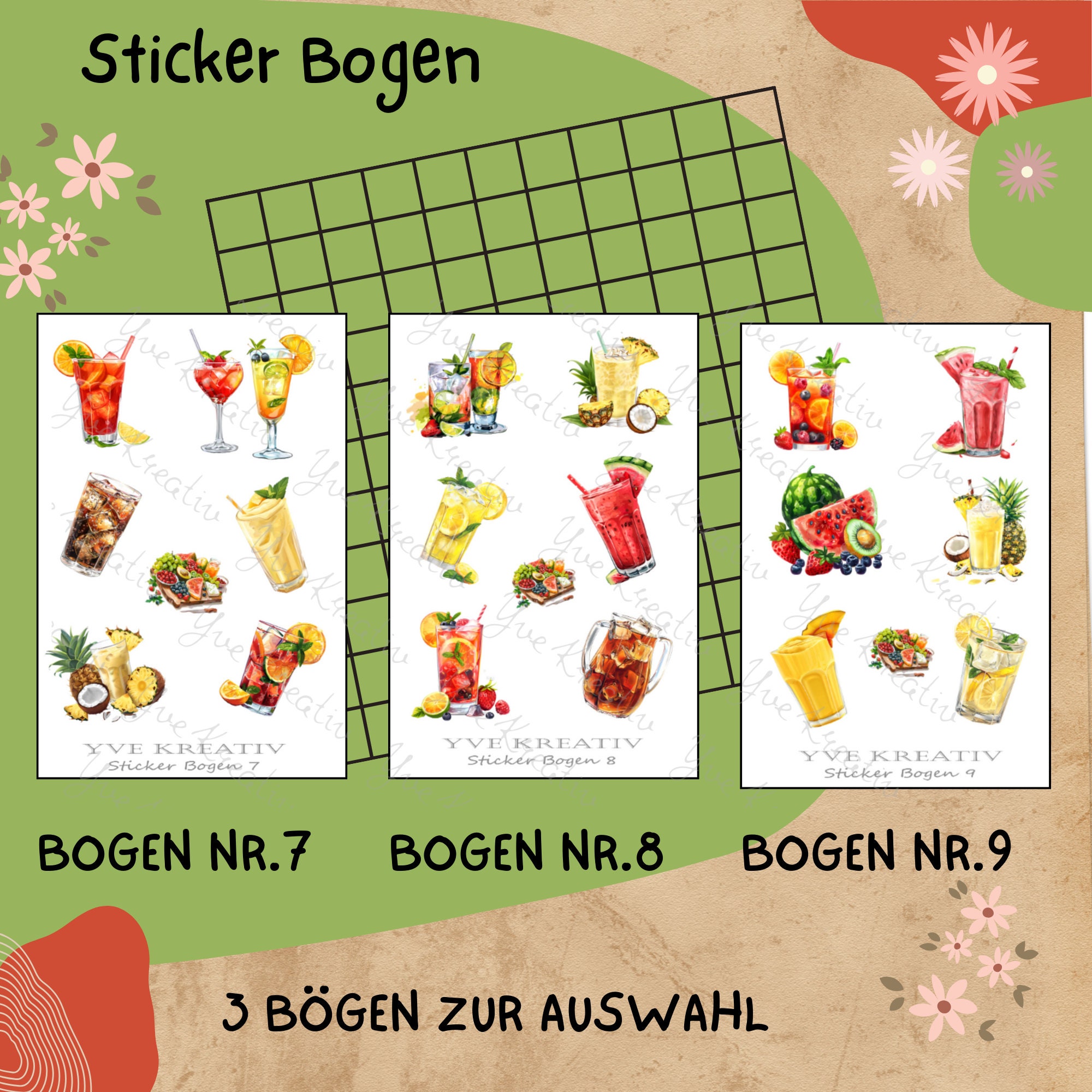 Sticker Bogen " Sommer Cocktail Party " | Sticker Set - Aufkleber 3 Stickerbogen zur Auswahl in Weiß - Transparent - Matt - Glanz  #SBA6