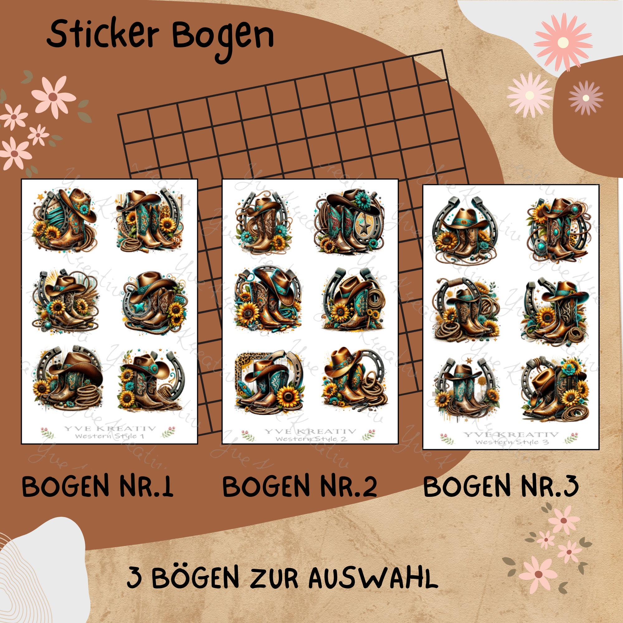 Sticker Bogen "Western Boots Stiefel" | Sticker Set - Aufkleber 3 Stickerbogen zur Auswahl in Weiß - Transparent - Matt - Glanz #SBA6