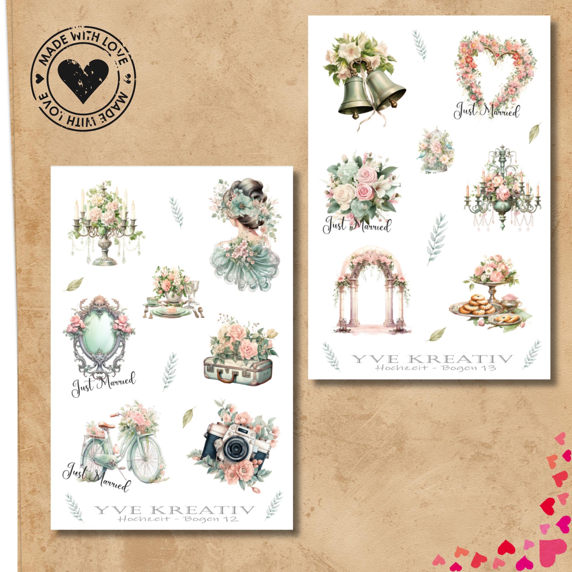 Aufkleber Hochzeit Sticker Bogen Set 2 Stickerbogen zur Auswahl in Weiß - Transparent - Matt - Glanz  #SBA6