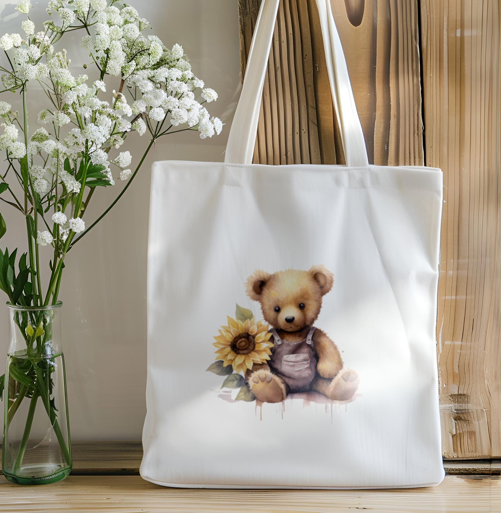 Stofftasche, Stoffbeutel, "Teddy, Bär, Sonnenblume", Einkaufstasche, Tasche, Geschenk zum Geburtstag in Weiß oder Beige  #STSUB