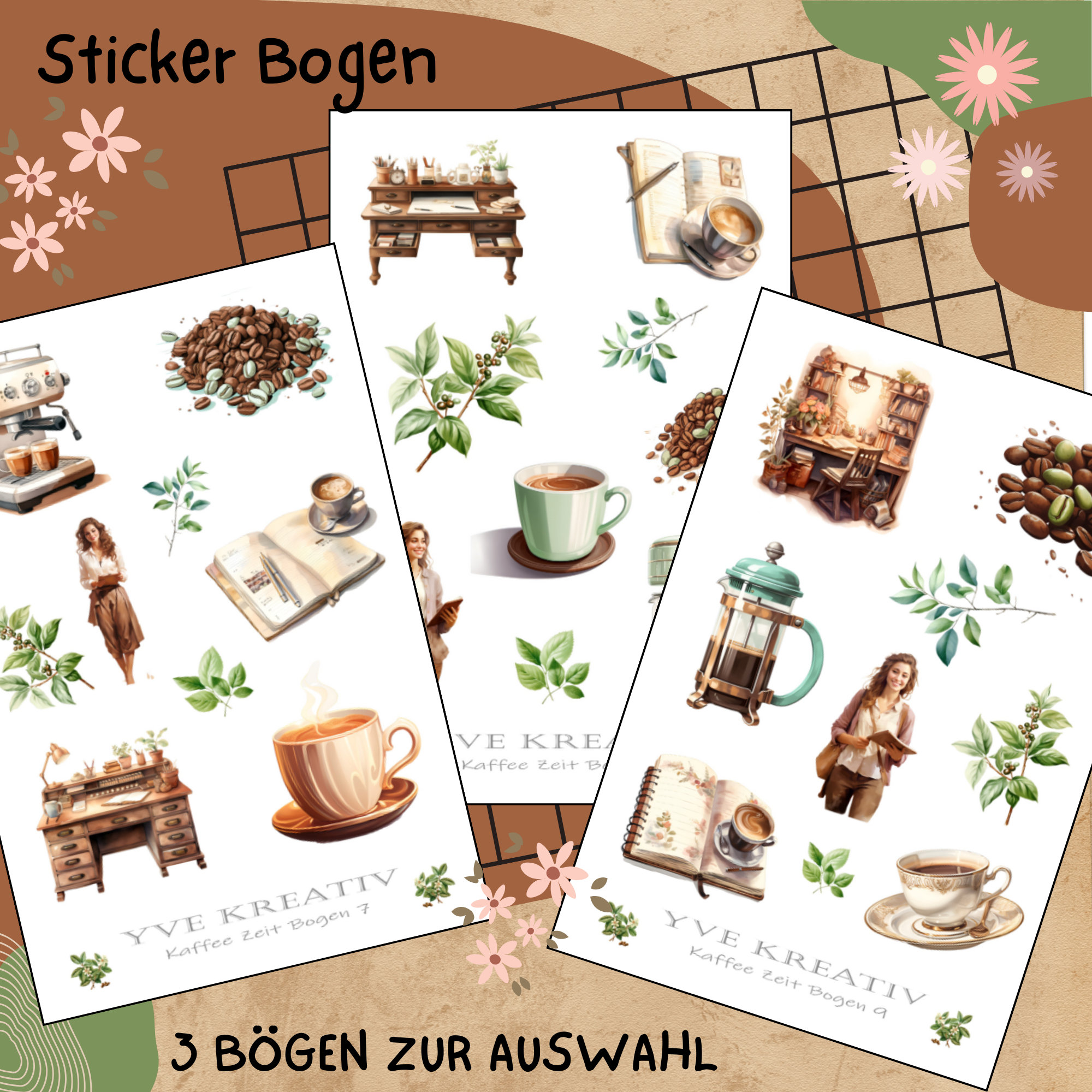 Sticker Bogen " Kaffee - Zeit für Dich " | Sticker Set - Aufkleber 3 Stickerbogen zur Auswahl in Weiß - Transparent - Matt - Glanz  #SBA6