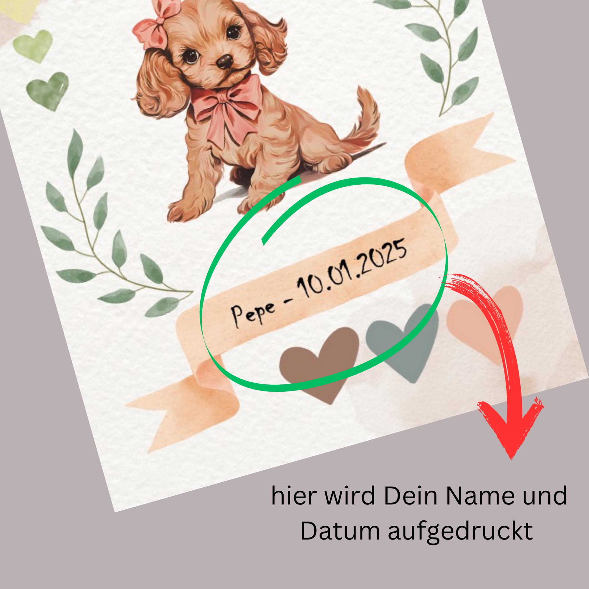 Postkarte zur Geburt personalisierbar, Karte mit Hund, Grußkarte Willkommen kleines Wunder in DIN A6 auf Papier mit Leinenstruktur #PLS