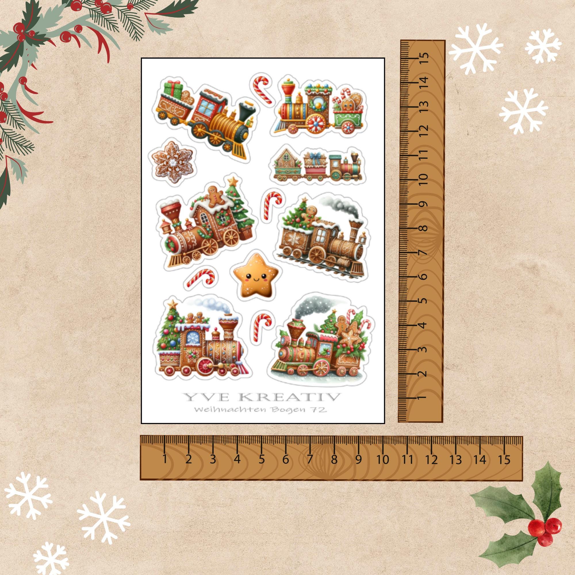Aufkleber Stickerbogen Weihnachten Zug Lokomotive Lebkuchen | Sticker Set - 3 Bögen zur Auswahl in Weiß - Transparent - Matt - Glanz  #SBA6