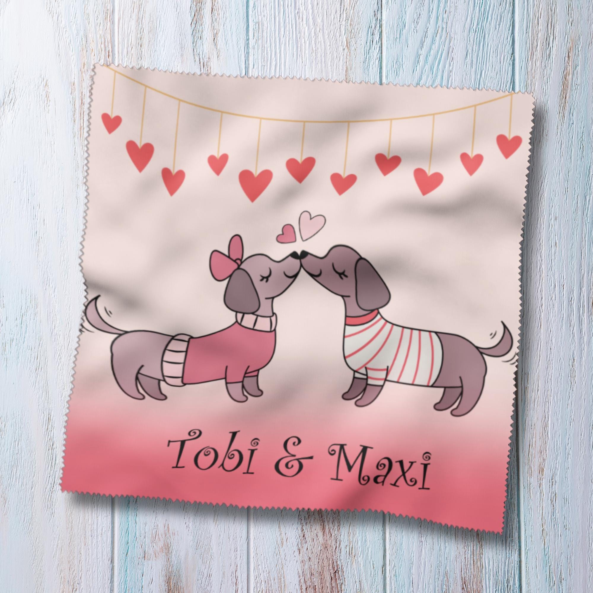 Brillenputztuch Dackel Pärchen personalisiert Hochzeit Geschenk Verlobung Paar bedrucktes Mikrofasertuch für Brillen Displays  #HO11P