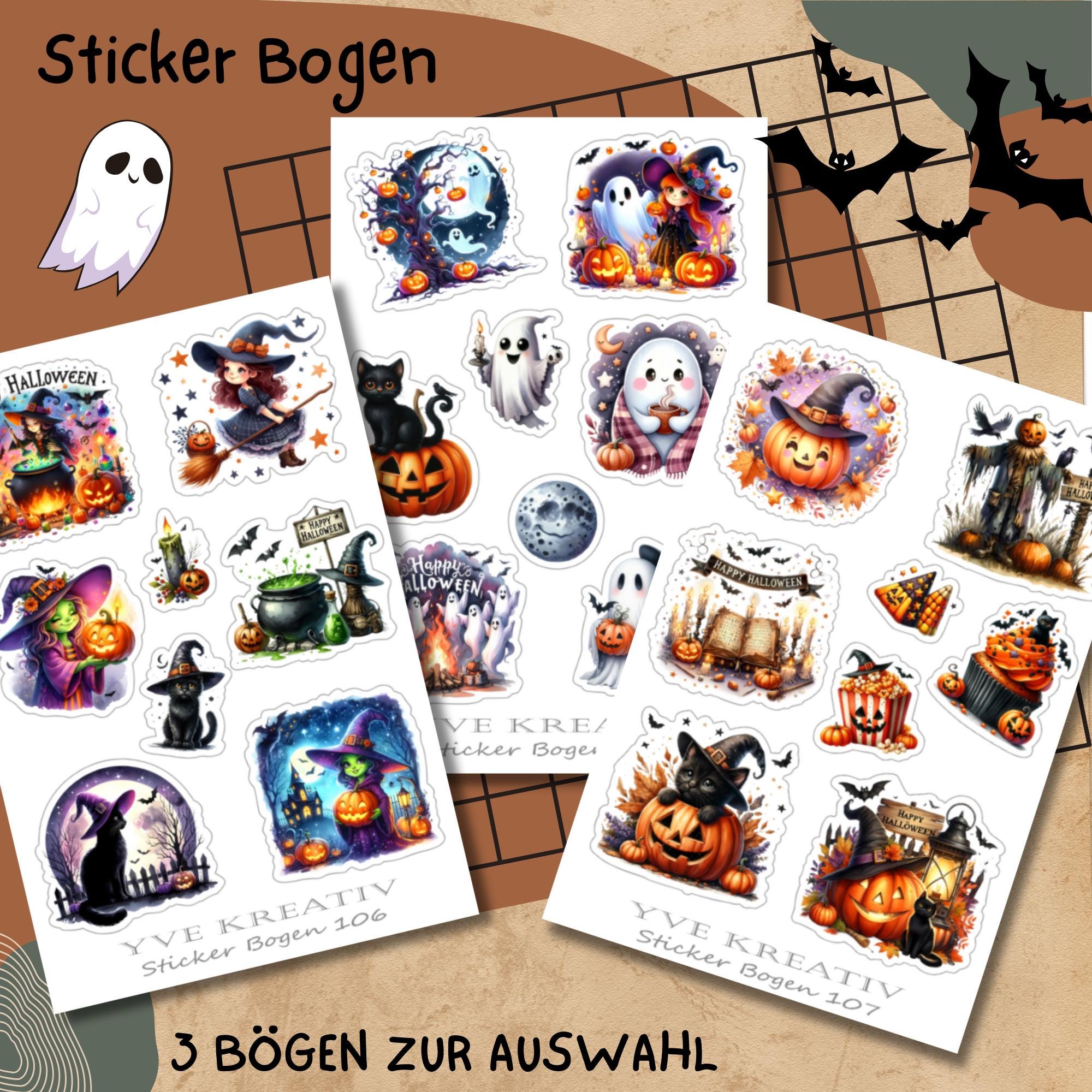 Halloween Stickerbogen, Grusel Aufkleber, Kürbis und Vampire Sticker Set, 3 Bögen zur Auswahl in Weiß - Transparent - Matt - Glanz  #SBA6