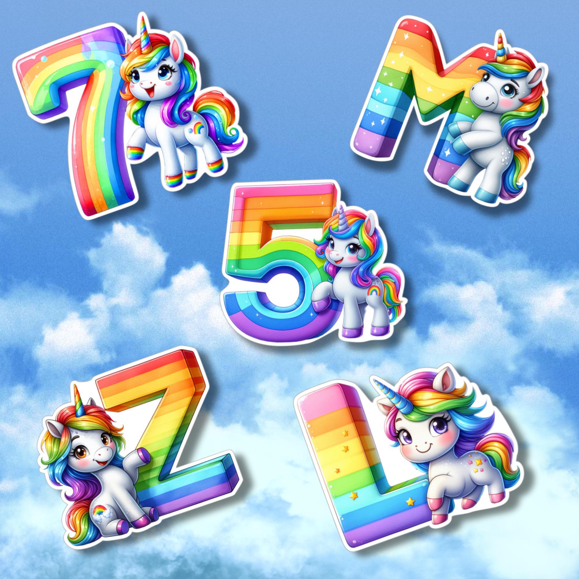 Großer Aufkleber, ABC und Zahlen Sticker, Einhorn, Regenbogen, Kinder, Schule, zur Auswahl in Weiß oder Transparent  #SEG8
