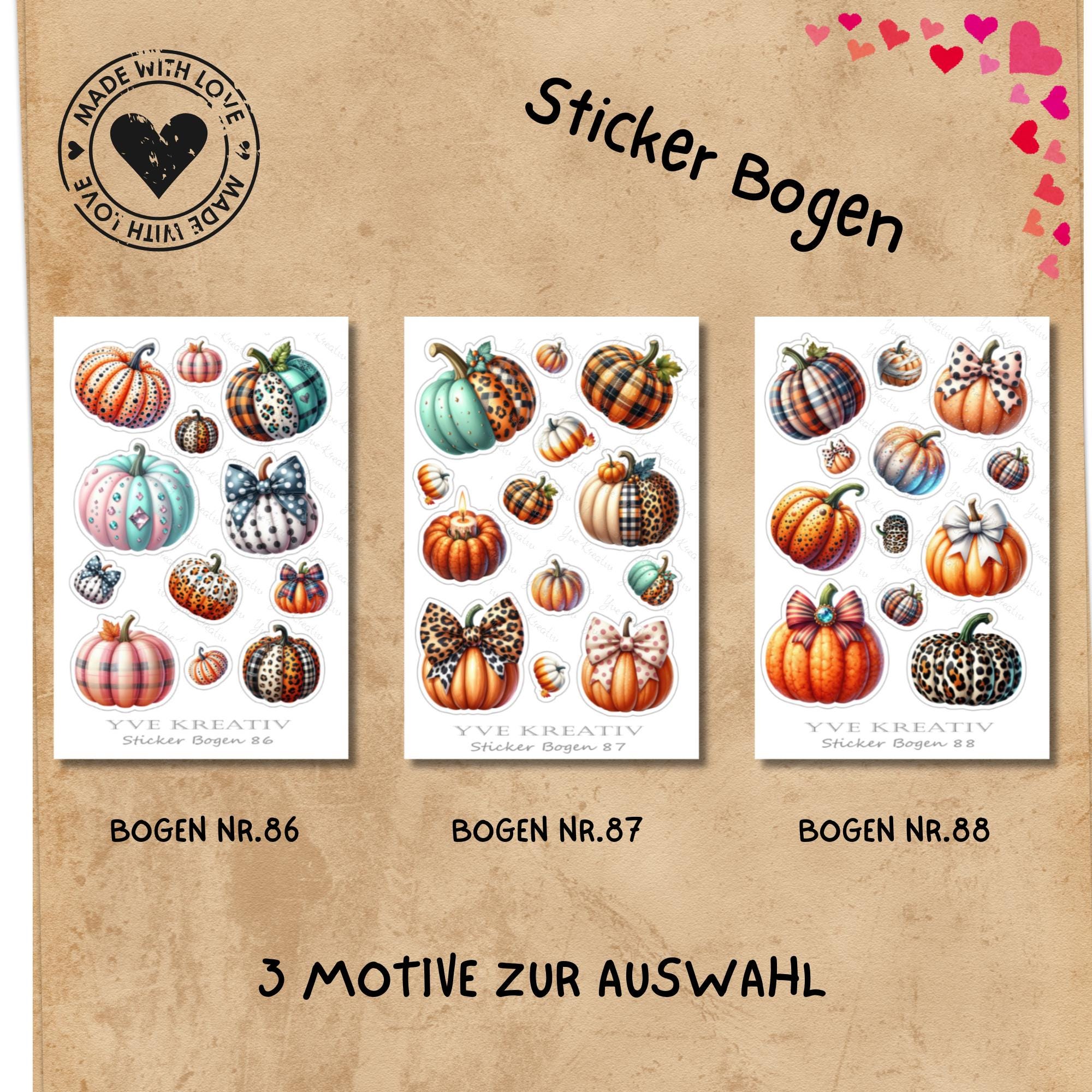 Kürbis Aufkleber Halloween Sticker Herbst Dekoration bunte Kürbisse 3 Stickerbogen zur Auswahl in Weiß - Transparent - Matt - Glanz #SBA6