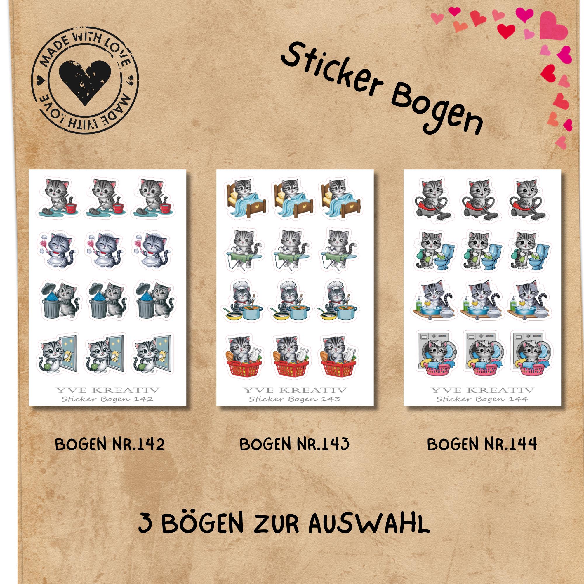 Aufkleber Katze, Hausarbeit, To Do Planeraufkleber Sticker Set - 3 Bögen zur Auswahl in Weiß - Transparent - Matt - Glanz  #SBA6