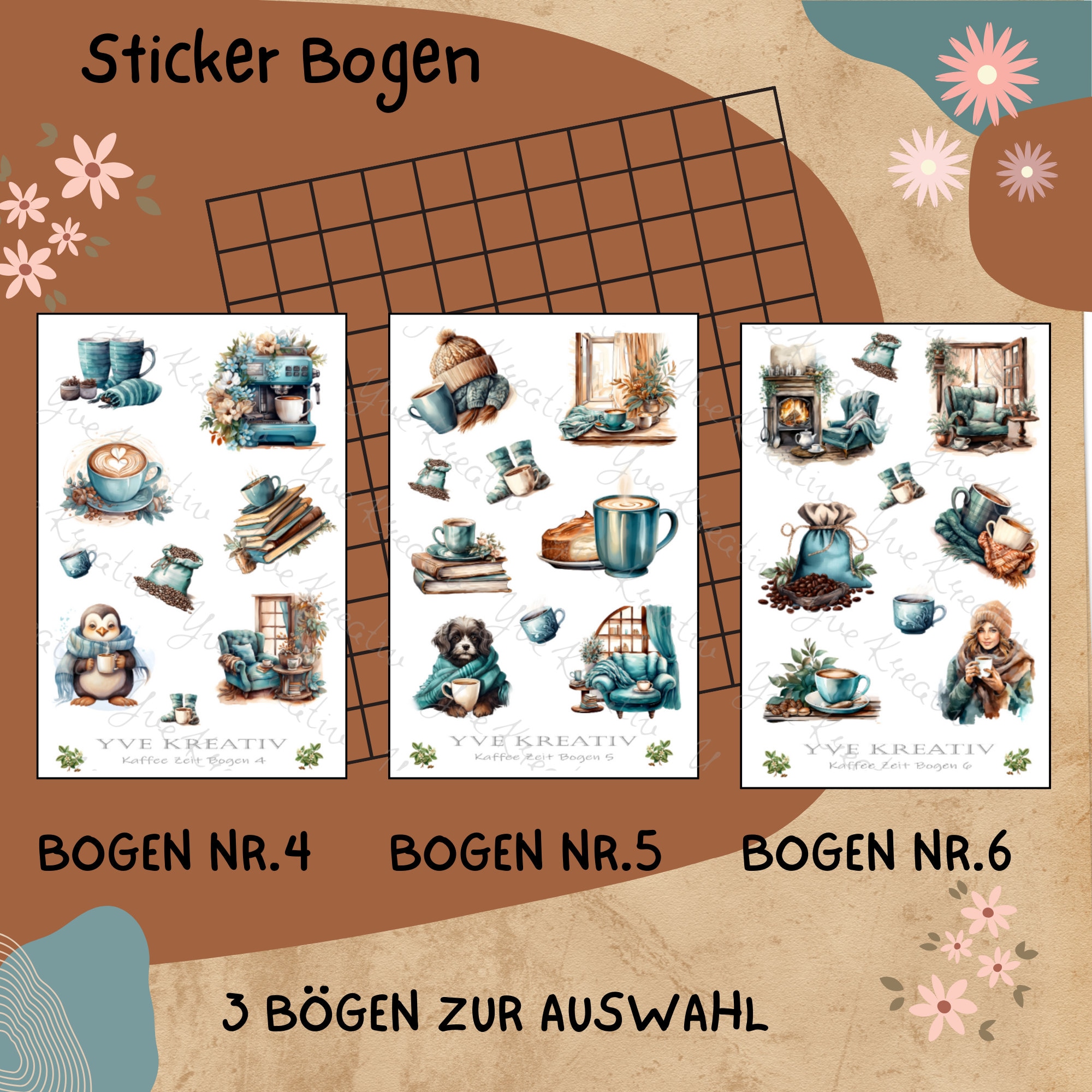Sticker Bogen " Kaffee - Zeit für Dich " | Sticker Set - Aufkleber 3 Stickerbogen zur Auswahl in Weiß - Transparent - Matt - Glanz  #SBA6