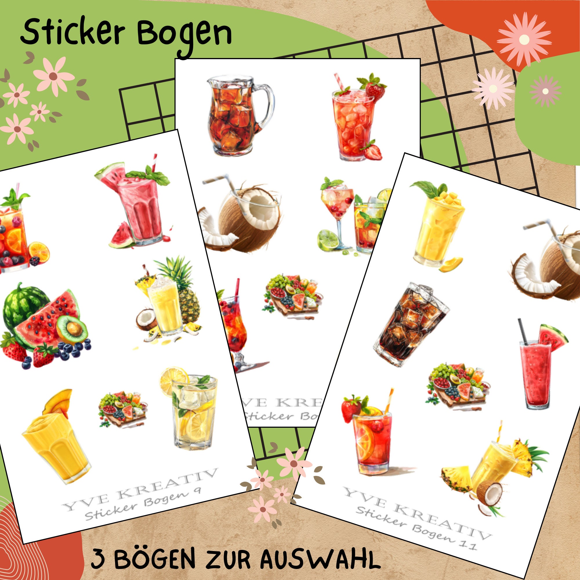 Sticker Bogen " Sommer Cocktail Party " | Sticker Set - Aufkleber 3 Stickerbogen zur Auswahl in Weiß - Transparent - Matt - Glanz  #SBA6