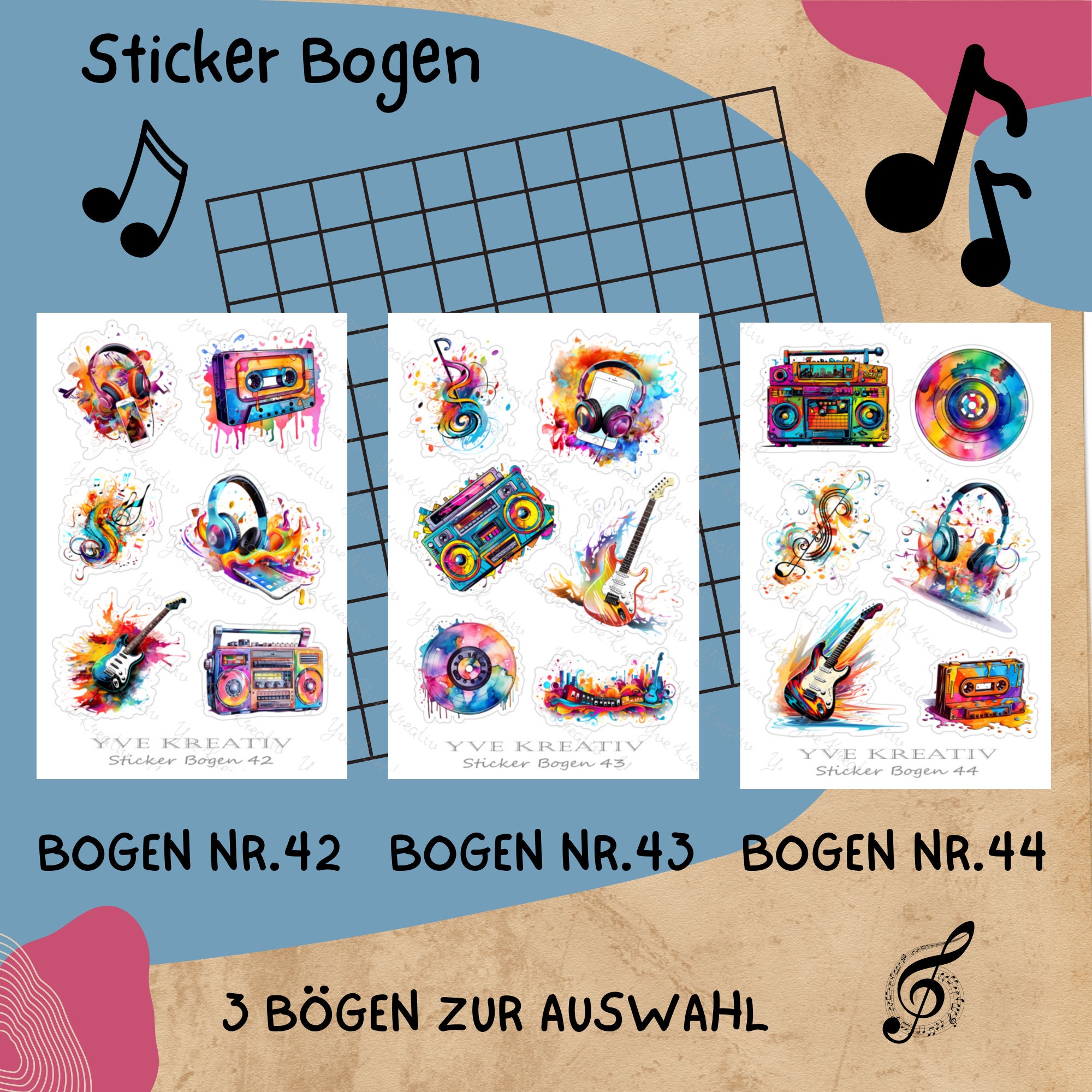 Sticker Bogen, Musik Instrumente, Sticker Set, Aufkleber, 3 Stickerbogen zur Auswahl in Weiß - Transparent - Matt - Glanz#SBA6