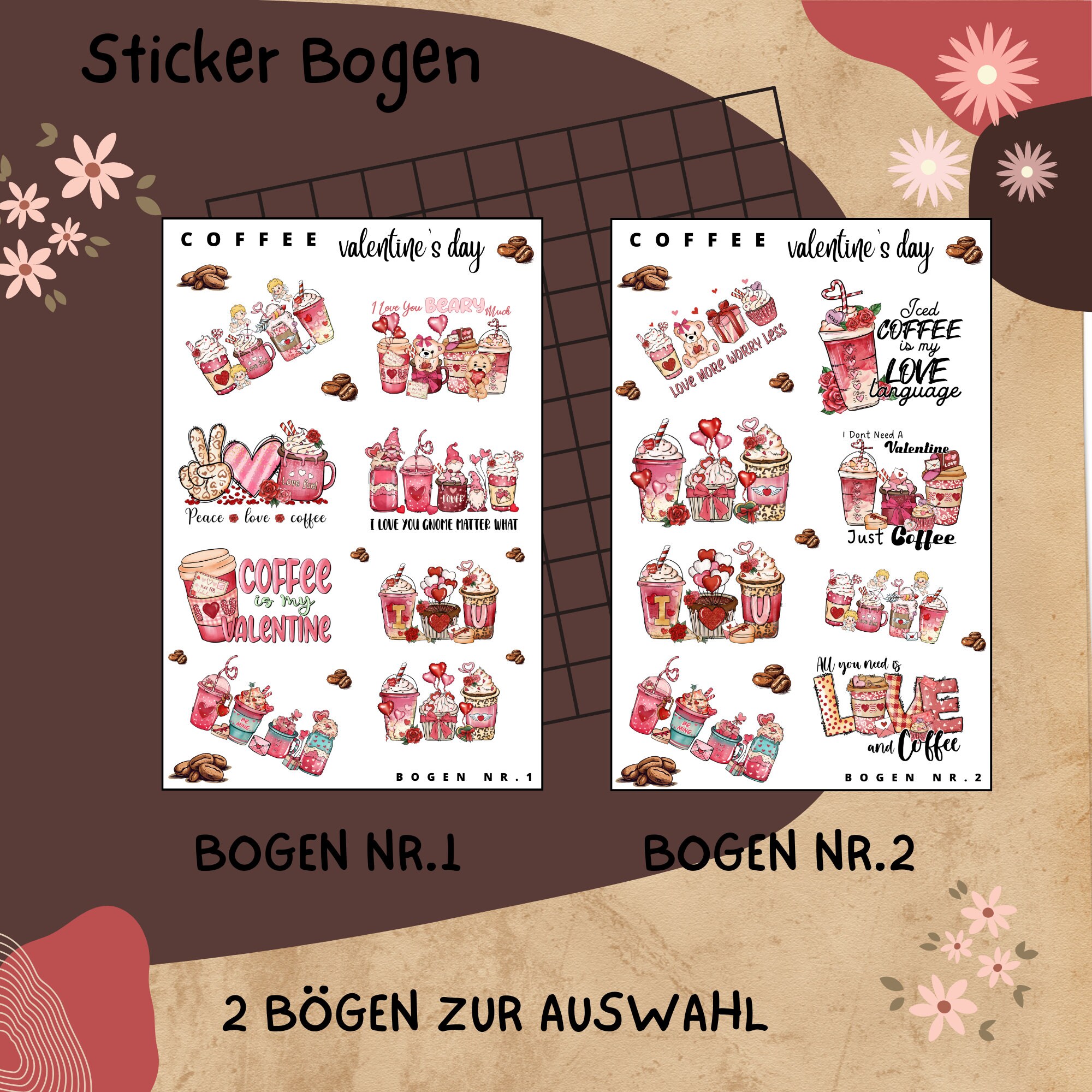 Sticker Bogen, Aufkleber, Valentinstag, Liebe, Kaffee 2 Stickerbogen zur Auswahl in Weiß - Transparent - Matt - Glanz  #SBA6