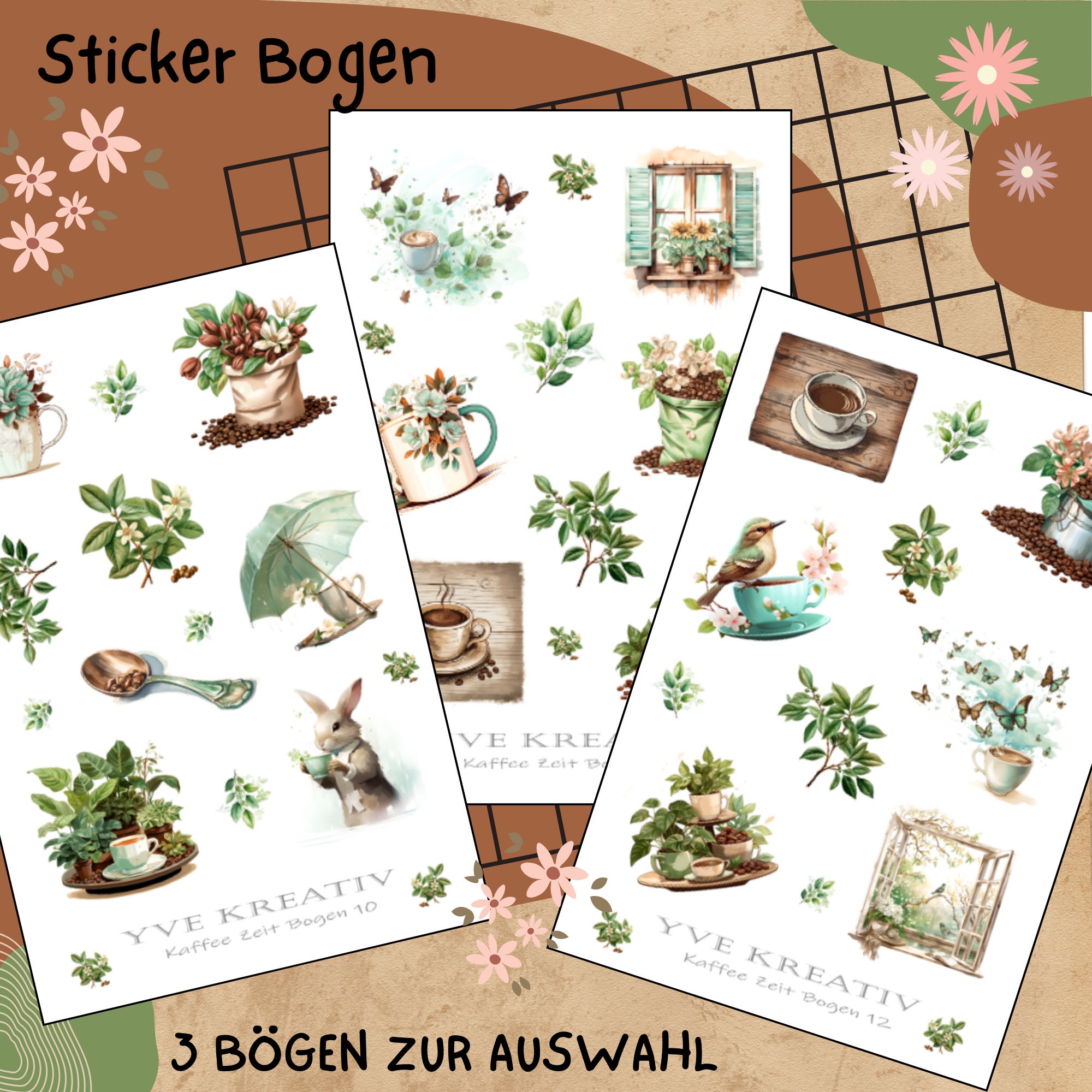 Sticker Bogen " Kaffee - Zeit für Dich " | Sticker Set - Aufkleber 3 Stickerbogen zur Auswahl in Weiß - Transparent - Matt - Glanz  #SBA6