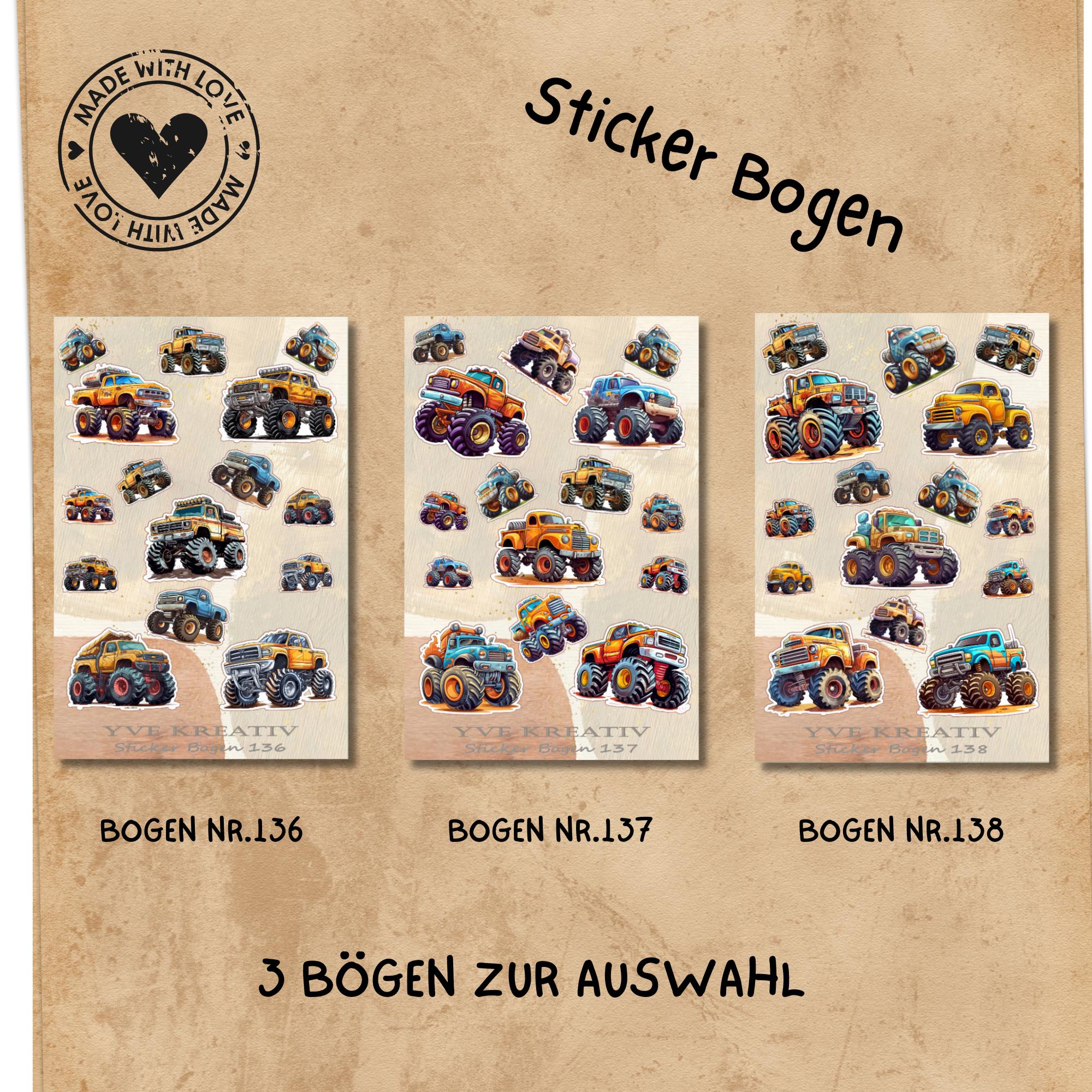 Aufkleber Bogen  " Monstertruck " | Sticker Set - Aufkleber 3 Stickerbogen zur Auswahl in Weiß - Transparent - Matt - Glanz  #SBA6