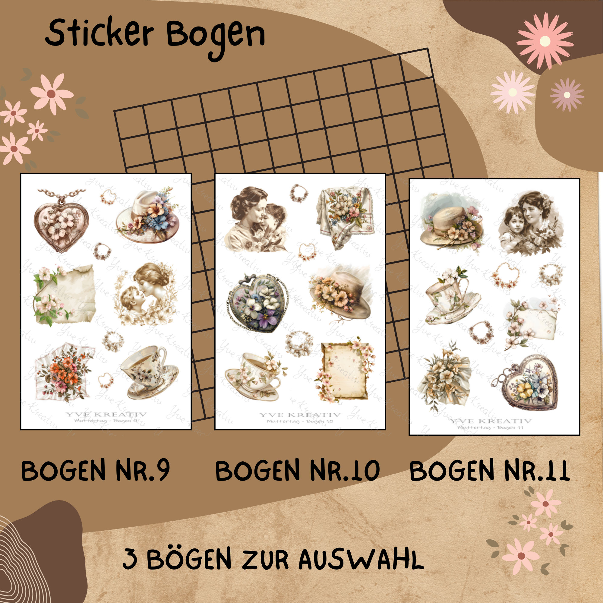 Sticker Bogen " Muttertag Nostalgie Vintage " | Sticker Set - Aufkleber 3 Stickerbogen zur Auswahl in Weiß - Transparent - Matt - Glanz