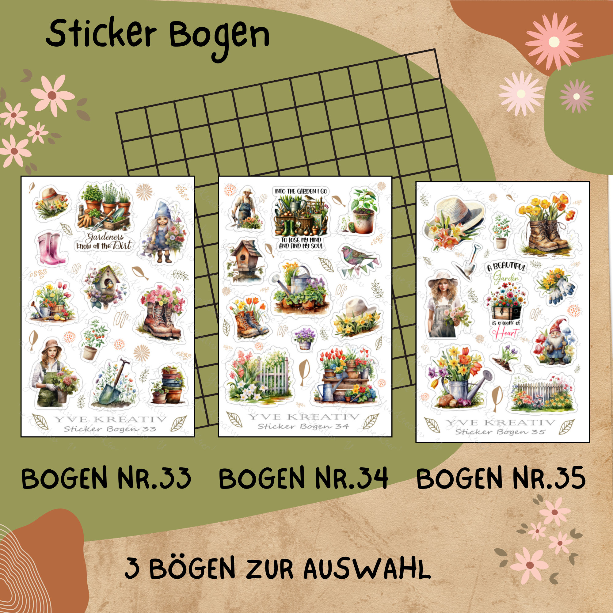 Sticker Bogen " Frühling Pflanzen Garten " | Sticker Set - Aufkleber 3 Stickerbogen zur Auswahl in Weiß - Transparent - Matt - Glanz