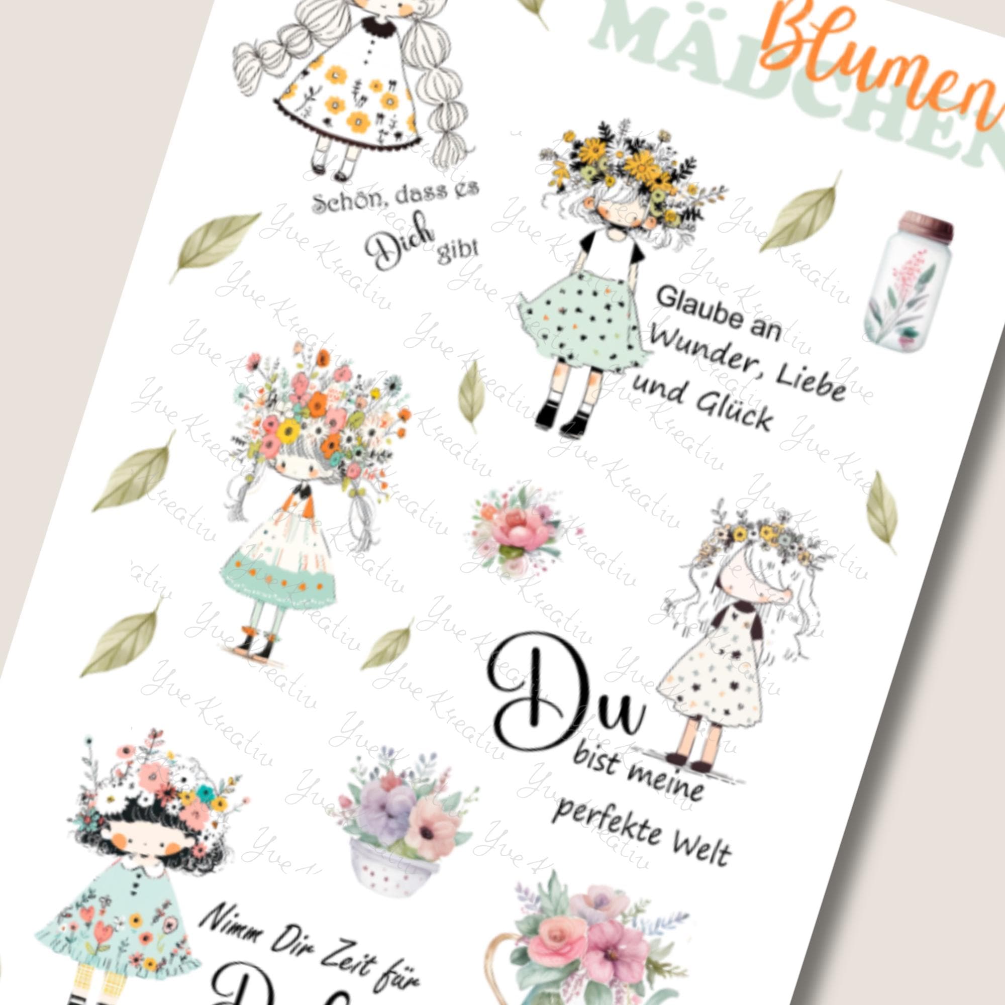 Aufkleber Blumenmädchen Sticker Bogen Blumen Stickerbogen Motivation 3 Bögen zur Auswahl in Weiß - Transparent - Matt - Glanz #SBA6