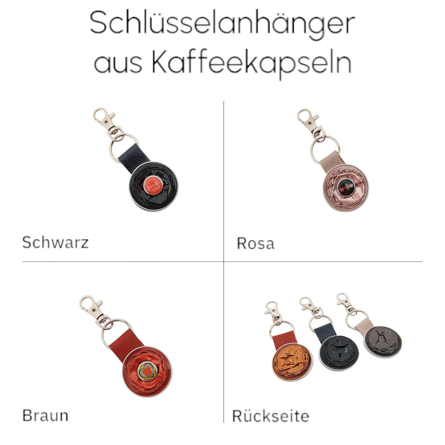 Schlüsselanhänger aus Kaffeekapseln und Leder, Karabineranhänger, Taschenbaumler Upcycling Anhänger  #1836437675