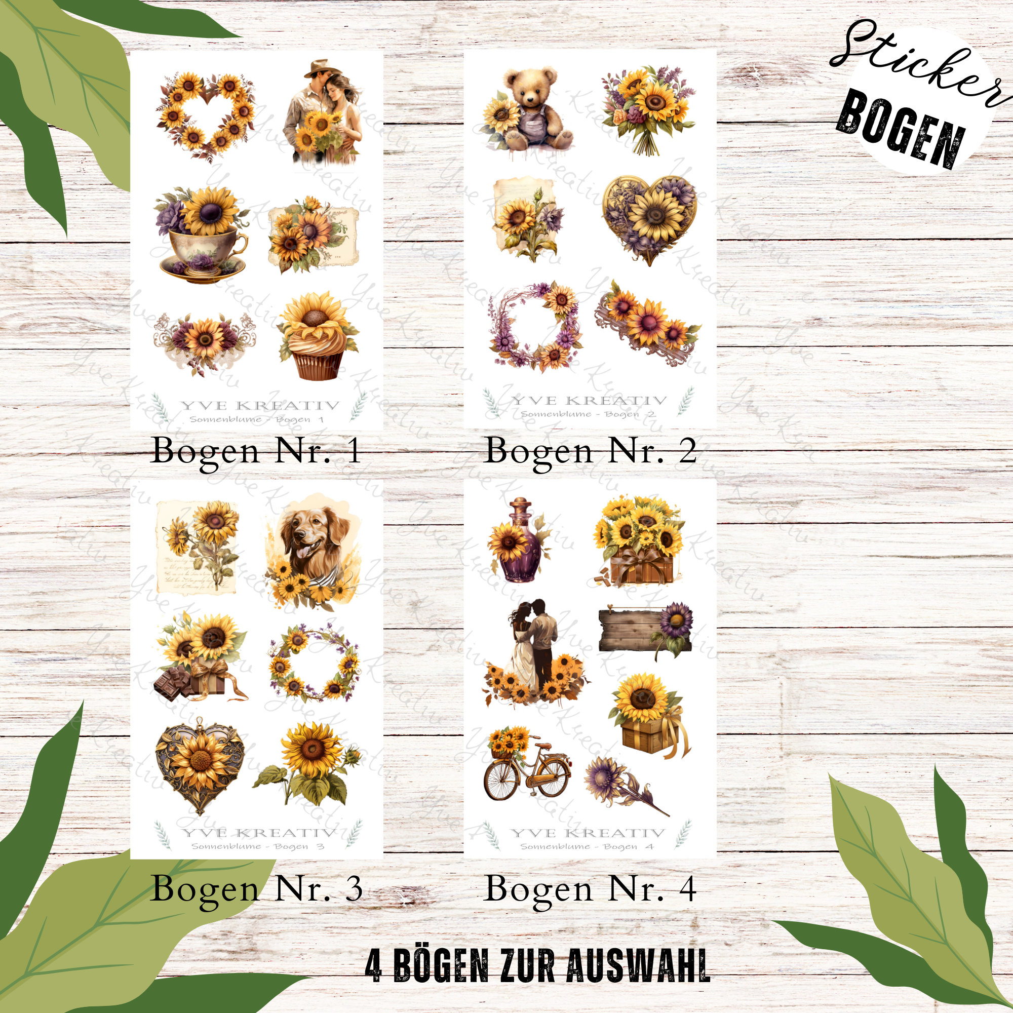 Sticker Bogen - Sonnenblumen | Sticker Set - Journal Sticker - Aufkleber 4 Stickerbogen zur Auswahl in Weiß oder Transparent