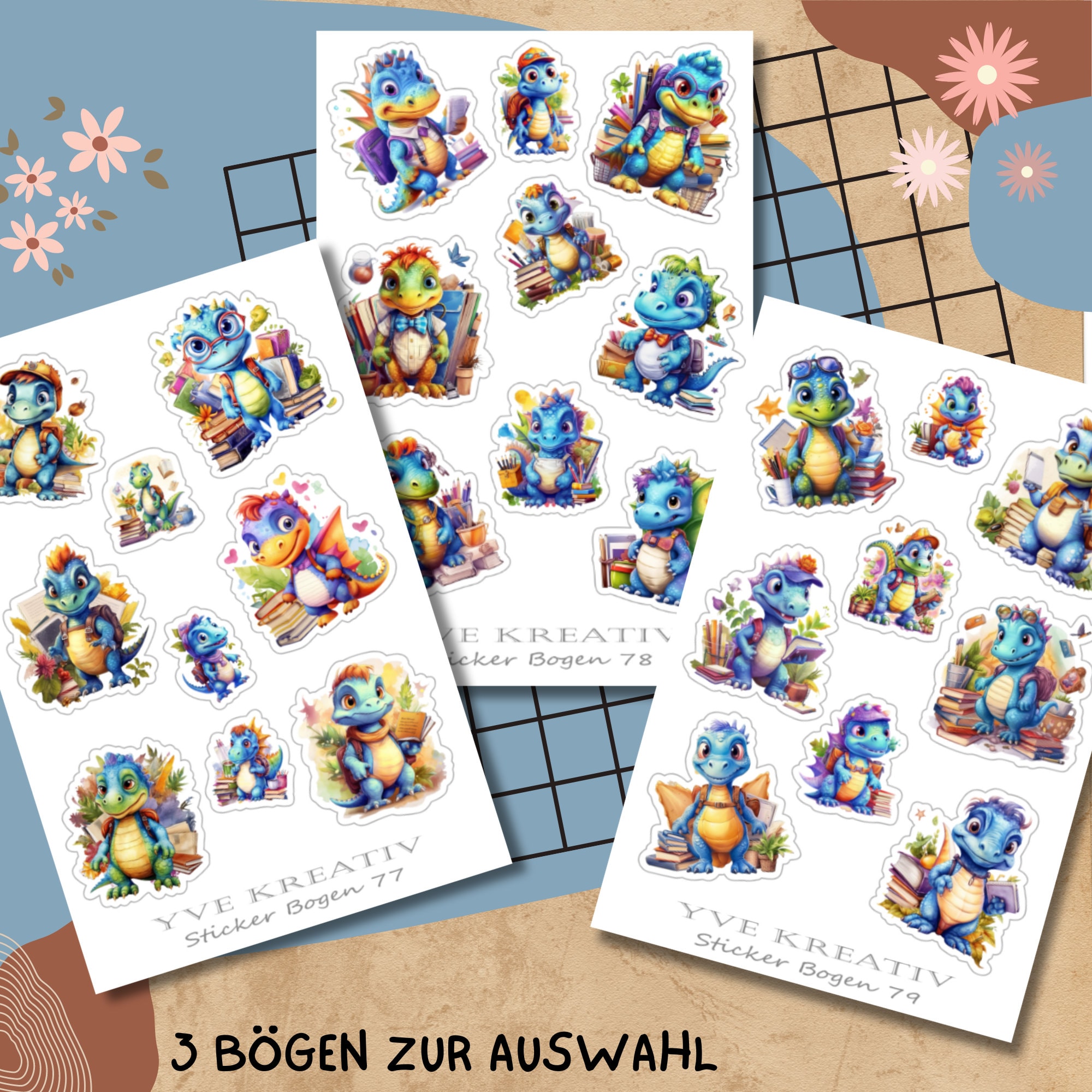 Sticker Bogen, Aufkleber - Schule, Einschulung, Dinos, Dinosaurier | Set - 3 Stickerbogen zur Auswahl in Weiß - Transparent #SBA6