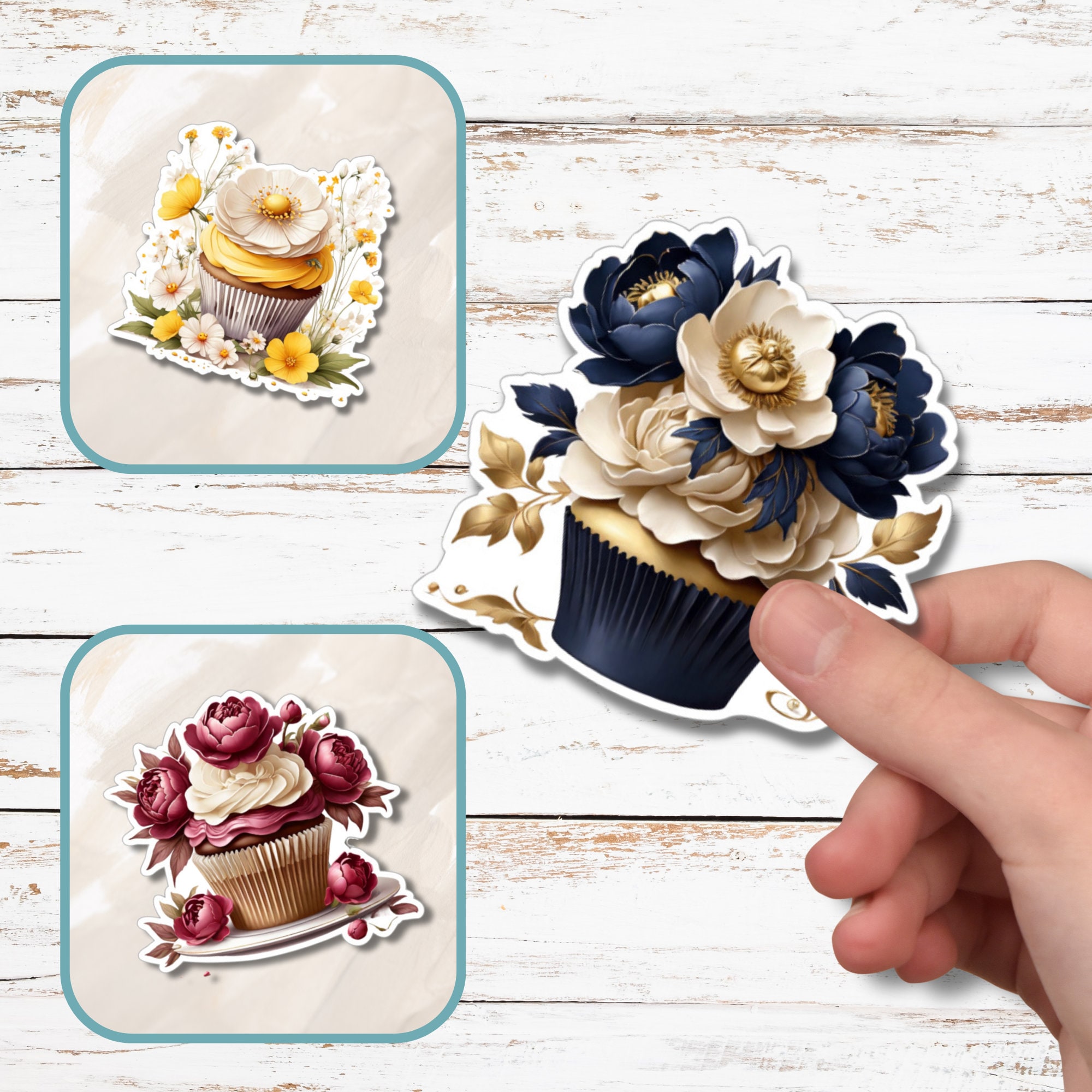Großer Aufkleber "Blüten Cupcake" großer Koffer Sticker, Kofferaufkleber  - 3 Aufkleber zur Auswahl in Weiß oder Transparent  #SEG8