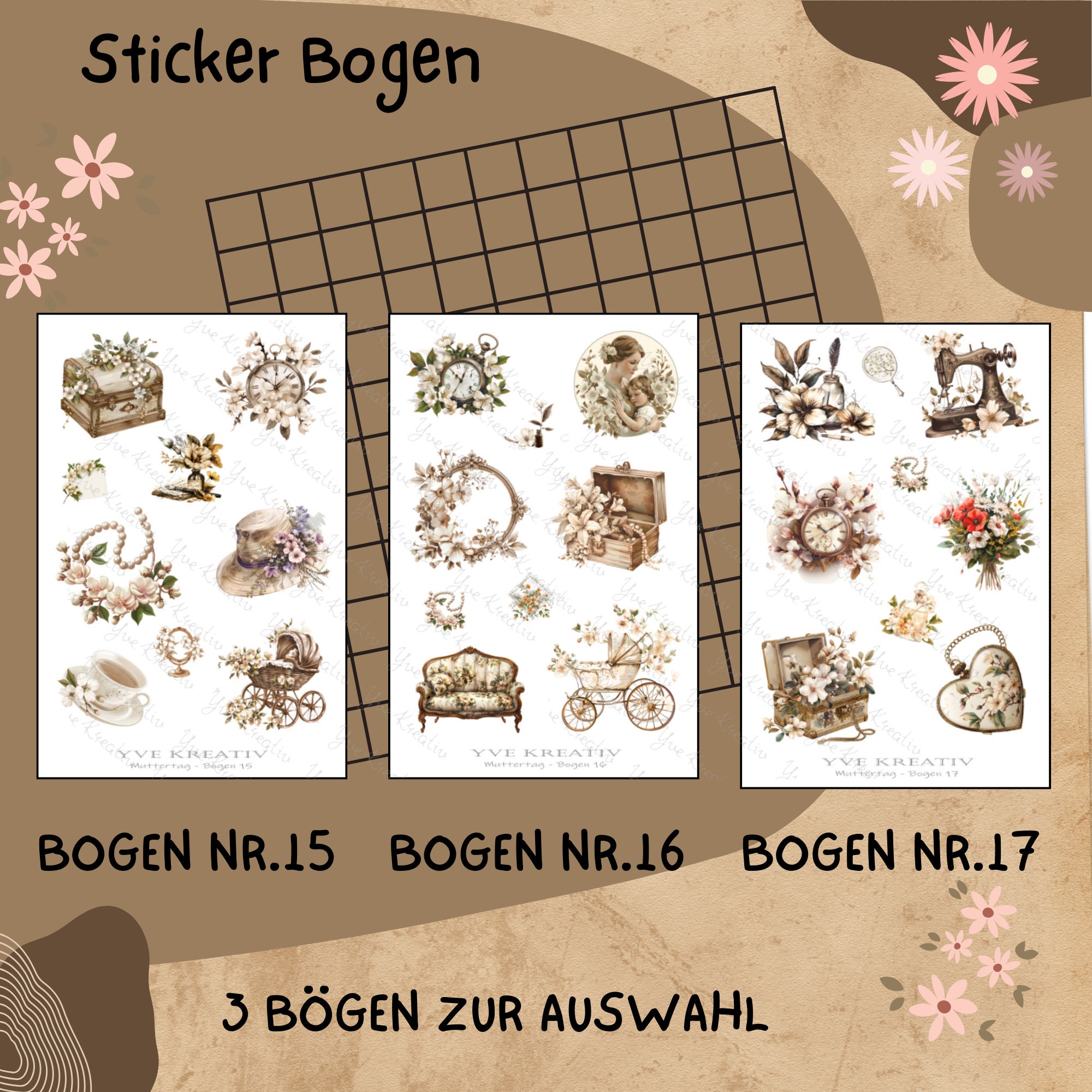 Sticker Bogen " Muttertag Nostalgie Vintage " | Sticker Set - Aufkleber 3 Stickerbogen zur Auswahl in Weiß - Transparent - Matt - Glanz