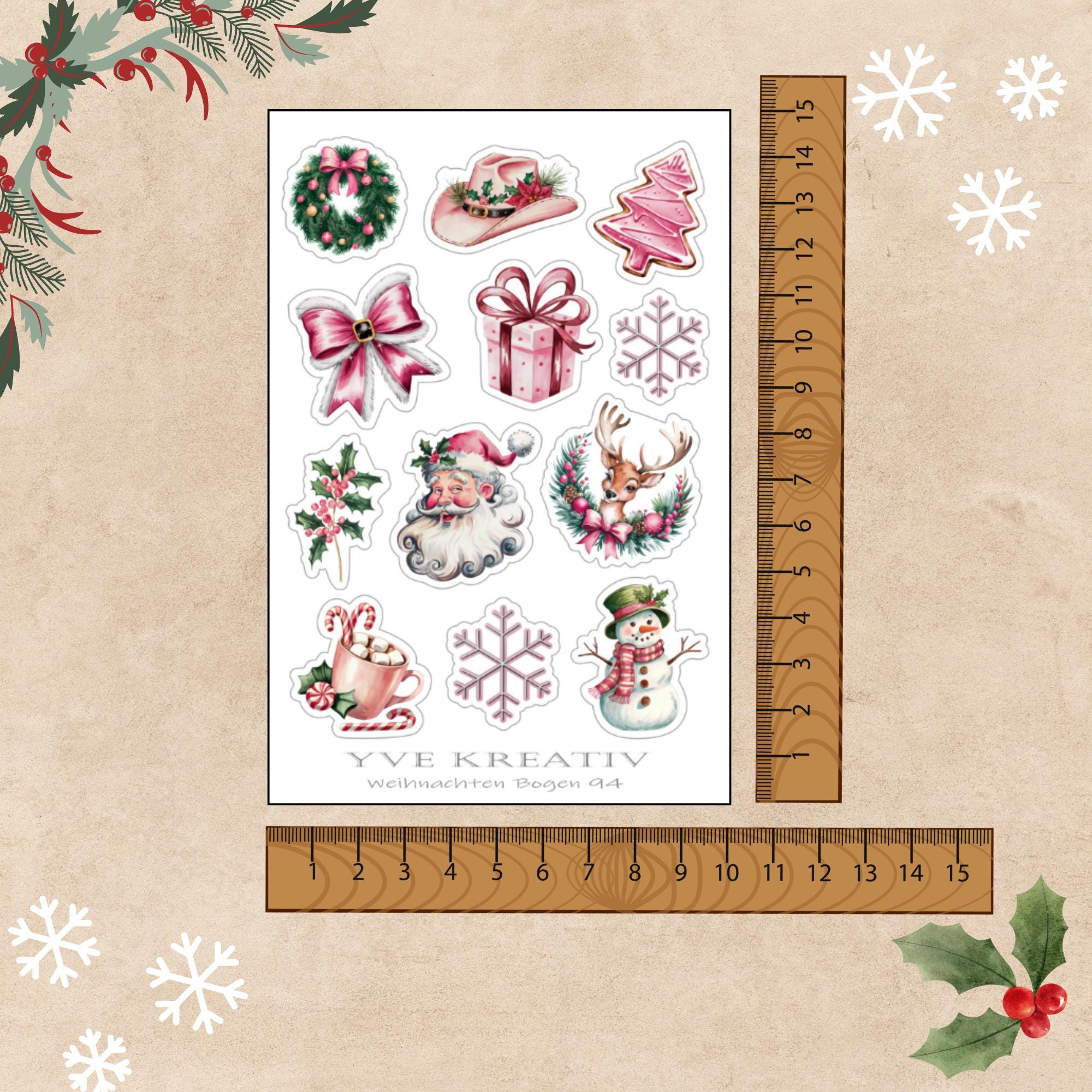 Aufkleber Weihnachtssticker Bogen "Weihnachten Rosa" | Sticker Set - 3 Stickerbogen zur Auswahl in Weiß - Transparent - Matt - Glanz  #SBA6