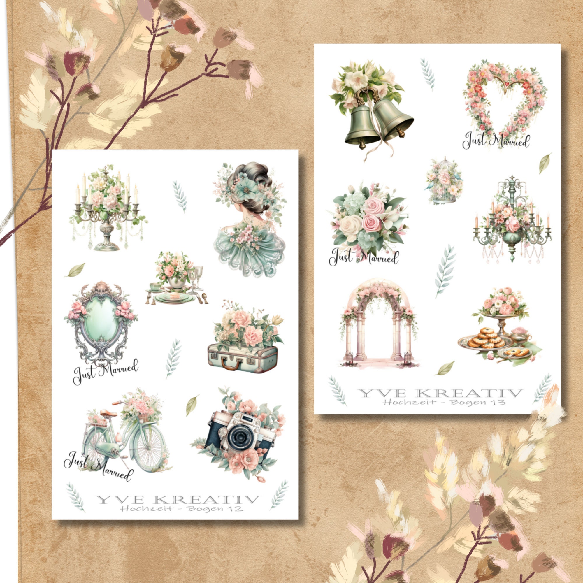 Aufkleber, Sticker Bogen "Hochzeit" | Sticker Set - 2 Stickerbogen zur Auswahl in Weiß - Transparent - Matt - Glanz  #SBA6
