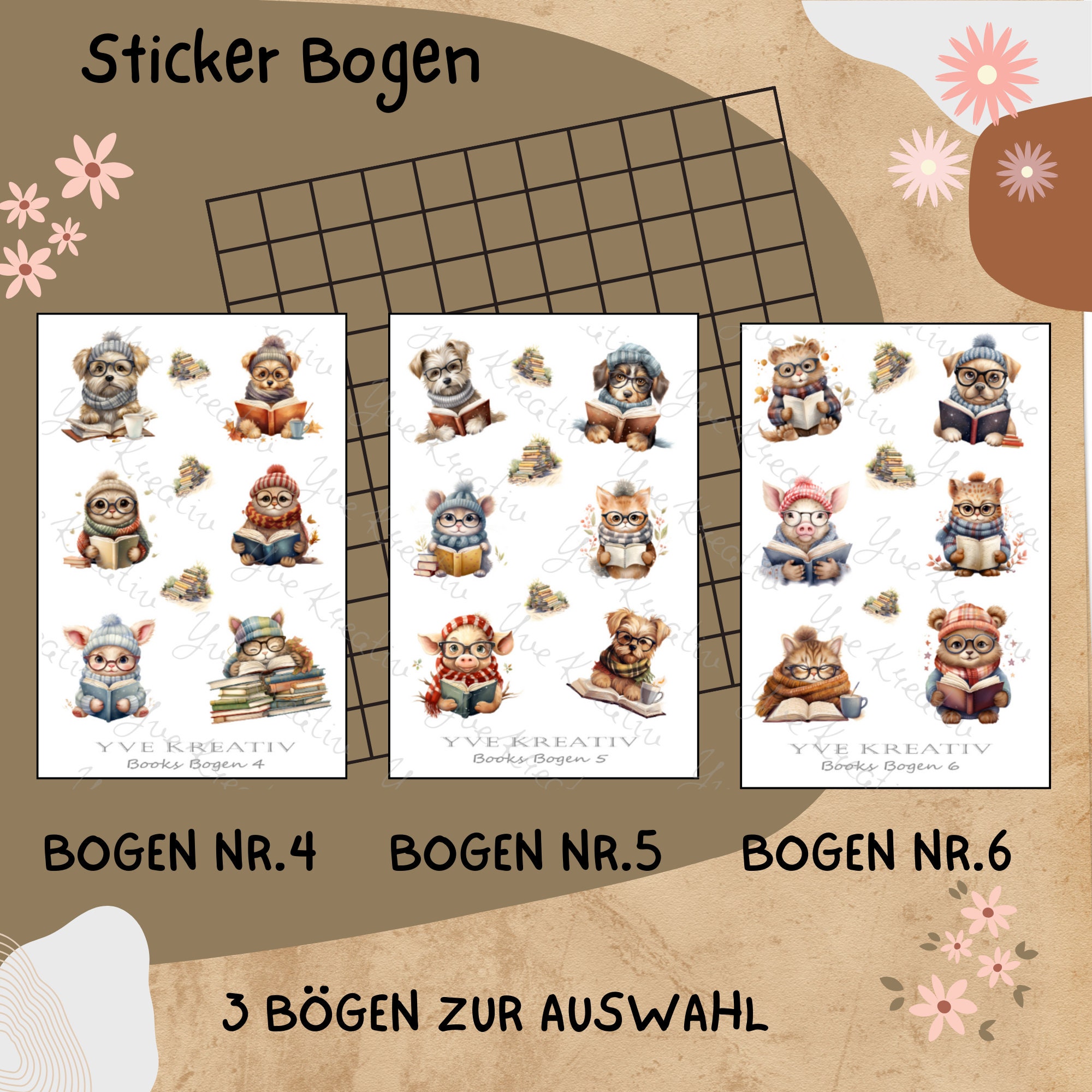 Sticker Bogen " Bücher Lesen - Tiere " | Sticker Set - Aufkleber 3 Stickerbogen zur Auswahl in Weiß - Transparent - Matt - Glanz  #SBA6
