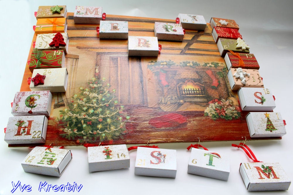 Adventskalender aus 24 Streichholzschachteln / Wandbild zu Weihnachten / x-mas zum Befüllen