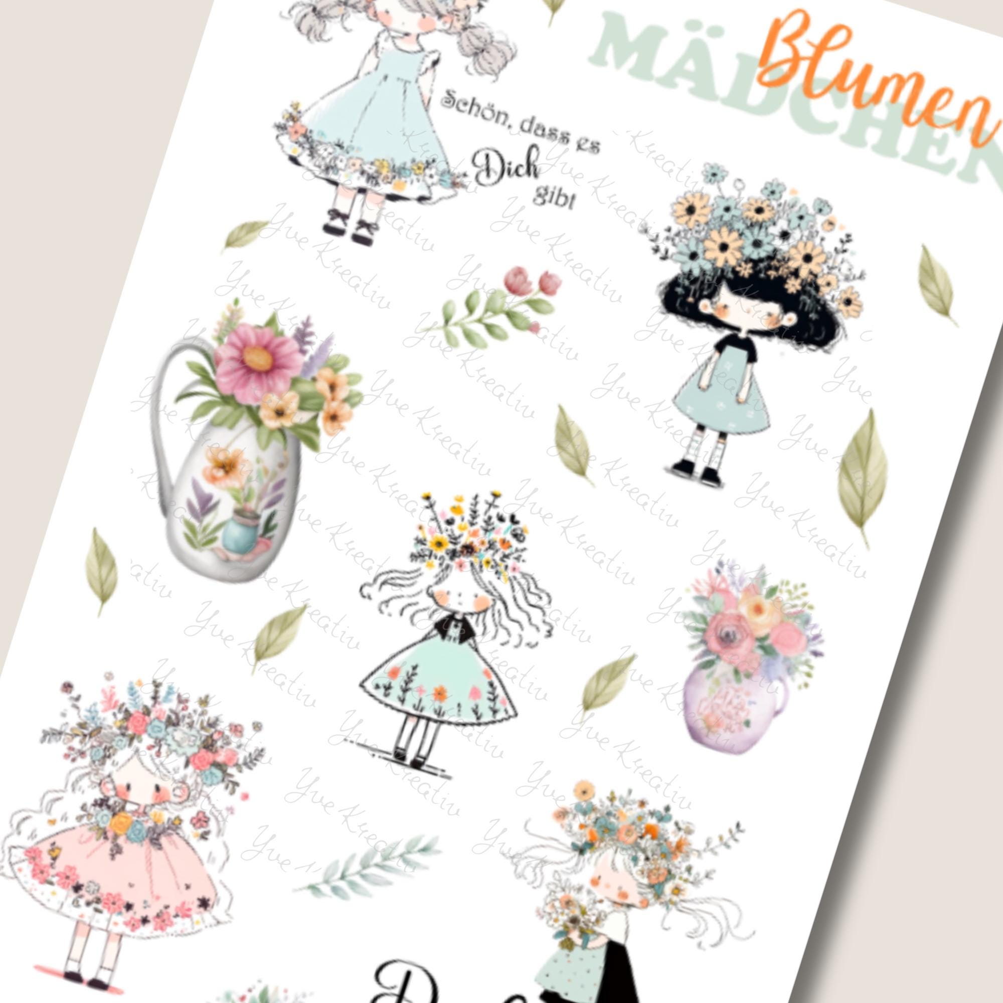 Aufkleber Blumenmädchen Sticker Bogen Blumen Stickerbogen Motivation 3 Bögen zur Auswahl in Weiß - Transparent - Matt - Glanz #SBA6