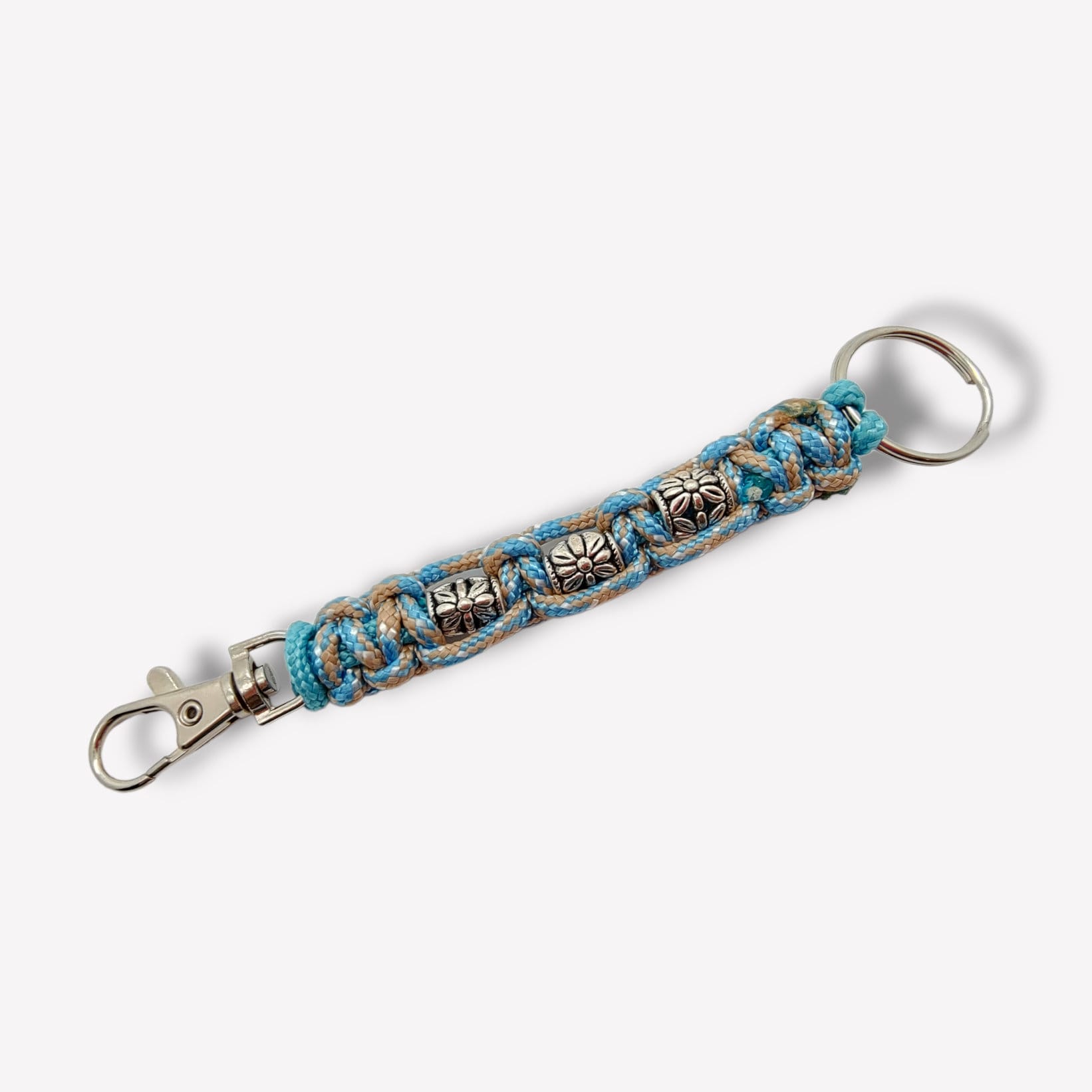 Schlüsselanhänger mit Metallperlen handgeknotet aus Paracord mit Karabiner + Schlüsselring / Blau - Beige
