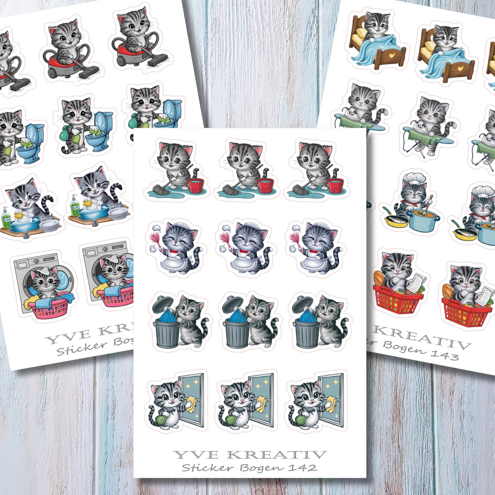 Aufkleber Katze, Hausarbeit, To Do Planeraufkleber Sticker Set - 3 Bögen zur Auswahl in Weiß - Transparent - Matt - Glanz  #SBA6