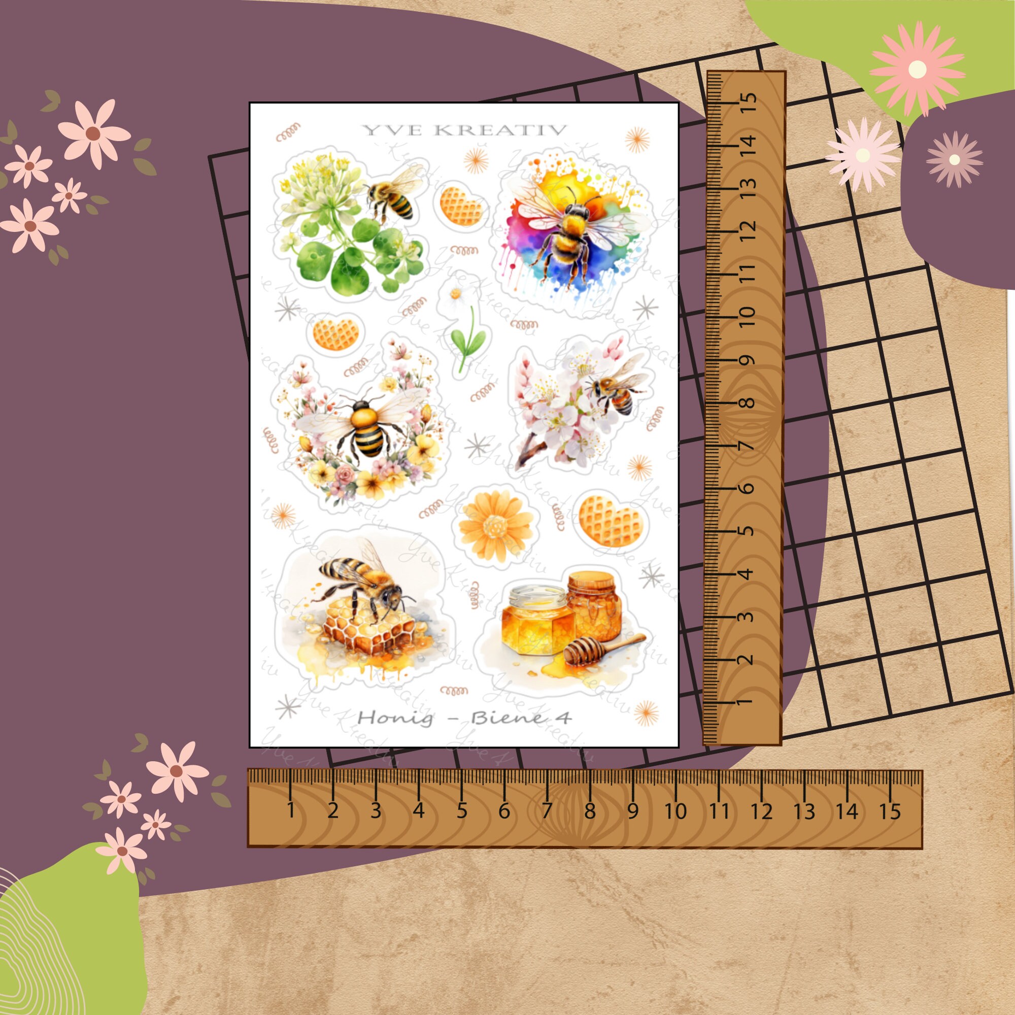 Sticker Bogen " Biene Honigbiene Honig " | 11 Aufkleber Sticker Set Stickerbogen  -  Weiß - Transparent - Matt - Glanz  #SBA6