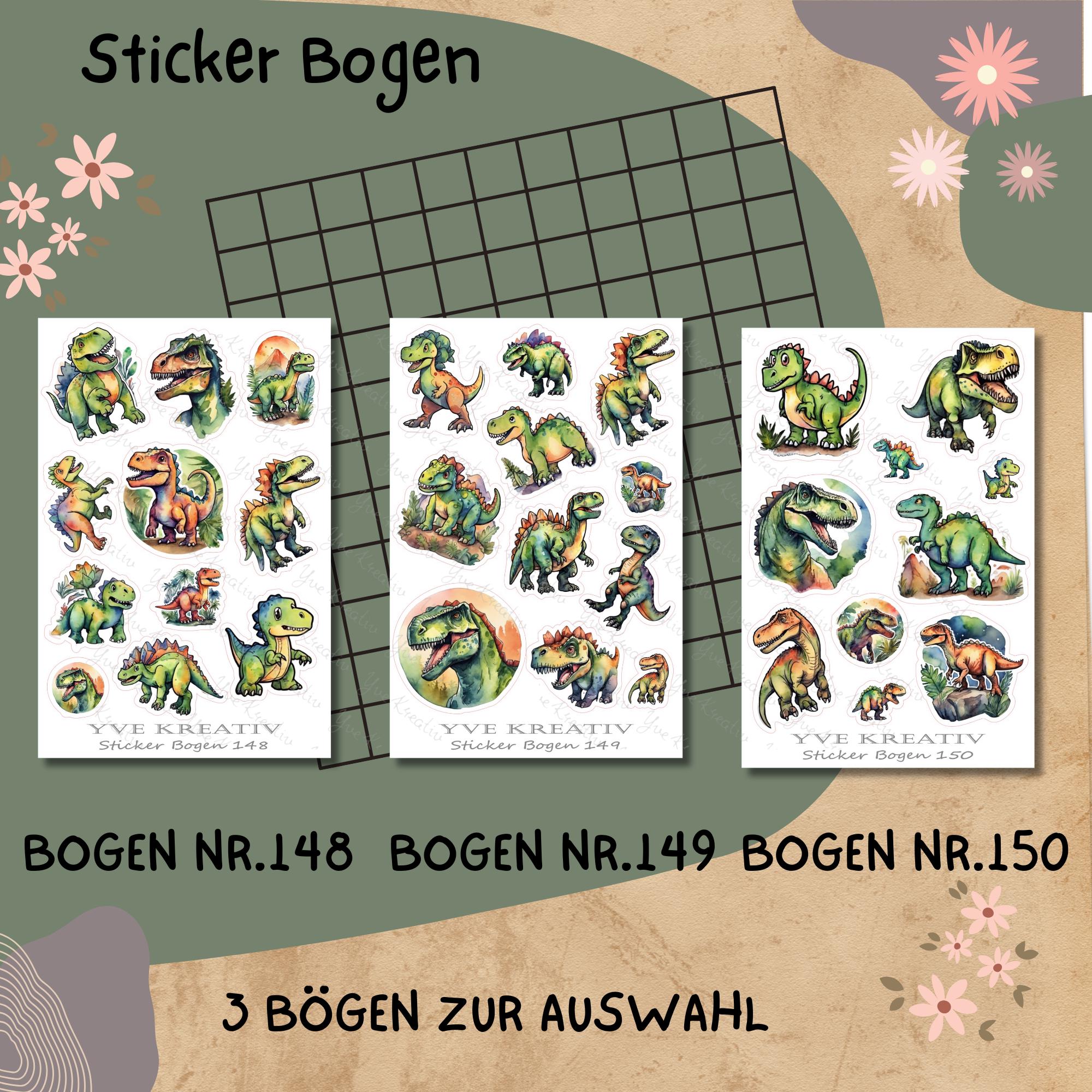 Aufkleber, Sticker Bogen, Dinos, Dinosaurier | Sticker Set - 3 Stickerbogen zur Auswahl in Weiß - Transparent - Matt - Glanz  #SBA6