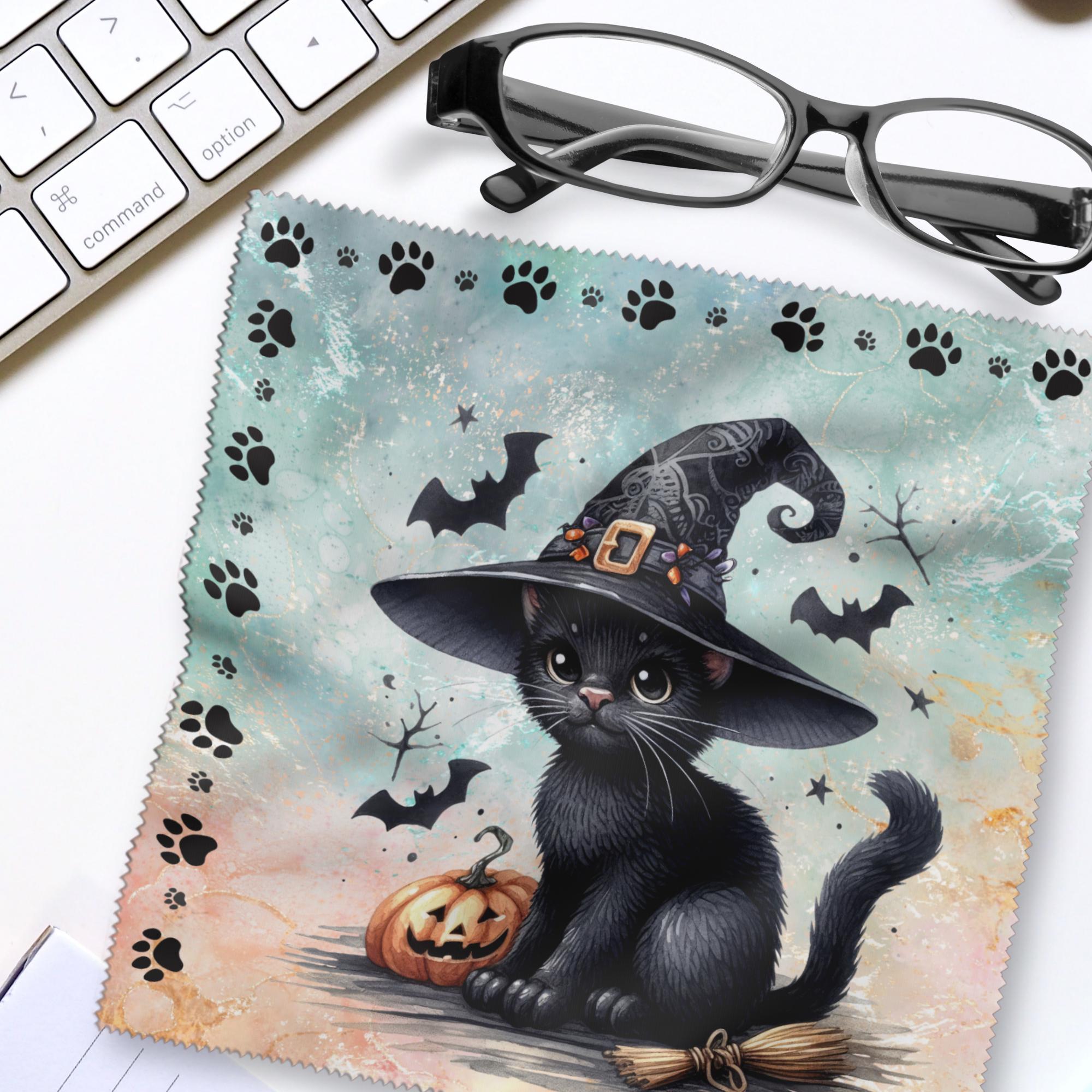 Brillenputztuch Schwarze Katze bedrucktes Mikrofasertuch für Sonnenbrille Displays Handy Katzenfreund Geschenk Halloween Mitbringsel #TI169