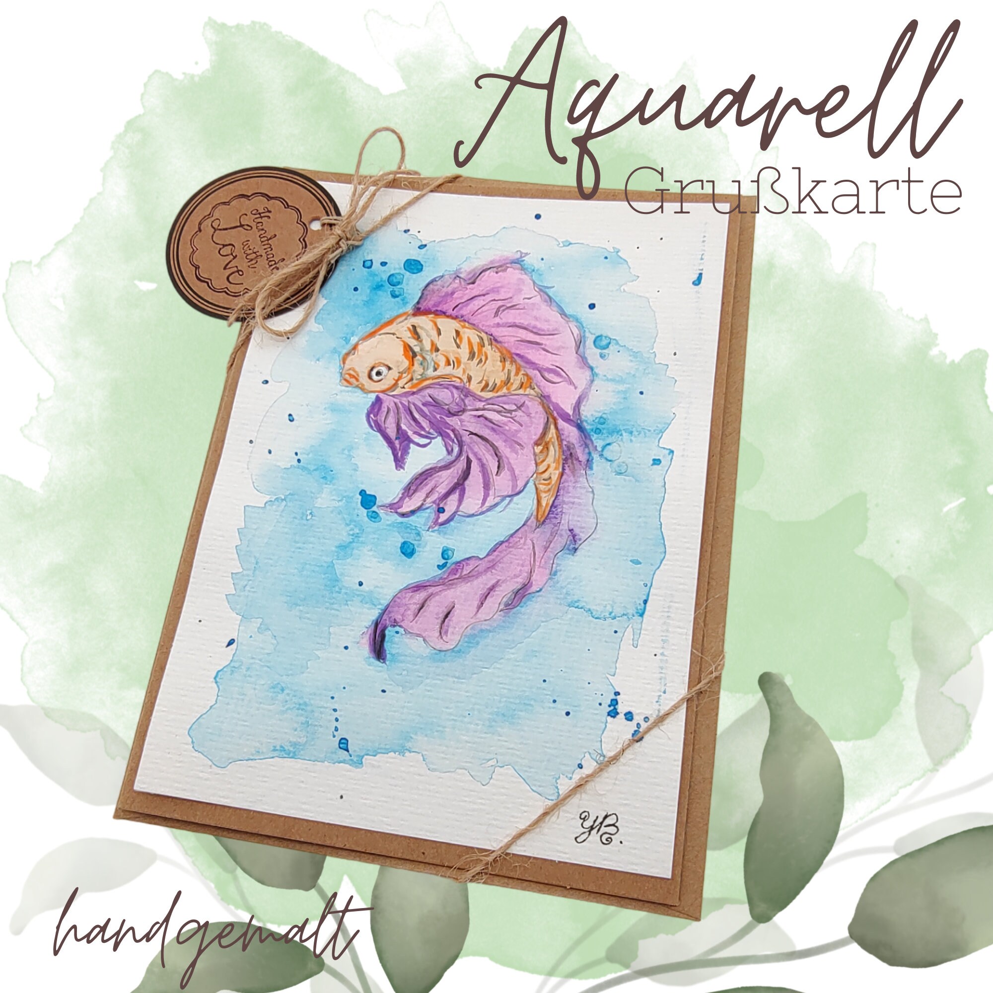 Grußkarte Glückwunschkarte mit Aquarell handbemalt " Koi Karpfen Fisch " für Geldgeschenke Gutscheine