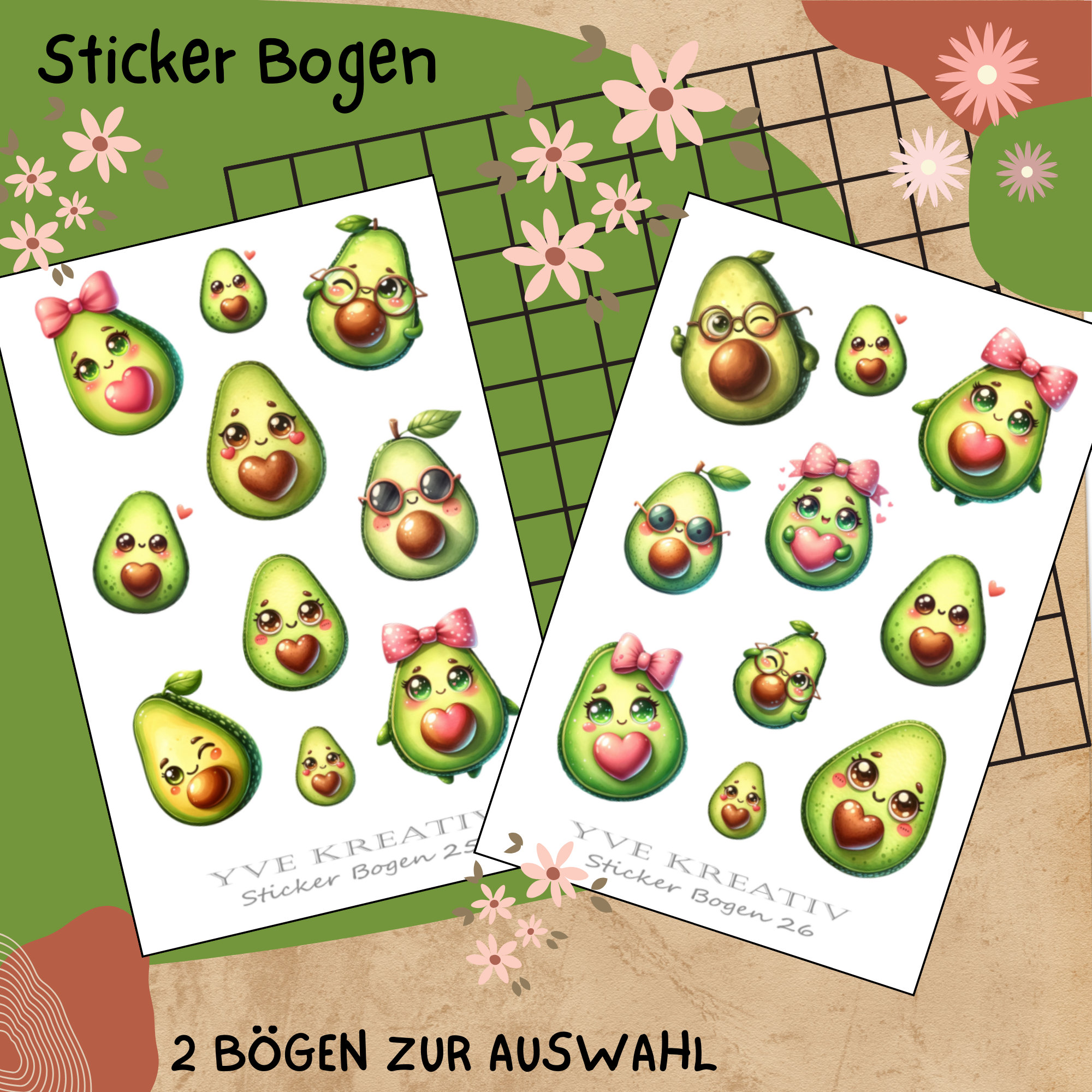 Sticker Bogen " Funny Avocado "  | Set - Aufkleber 2 Stickerbogen zur Auswahl in Weiß - Transparent - Matt - Glanz