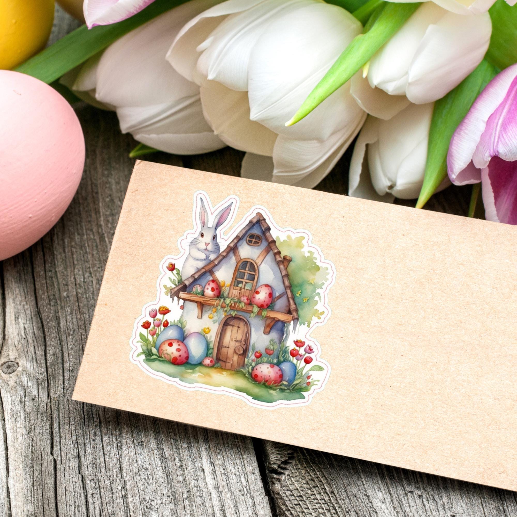 Aufkleber Ostern großer 8 cm Sticker Osterhaus Deko Osterfest Geschenkaufkleber Häuschen - zur Auswahl in Weiß oder Transparent  #SEG8