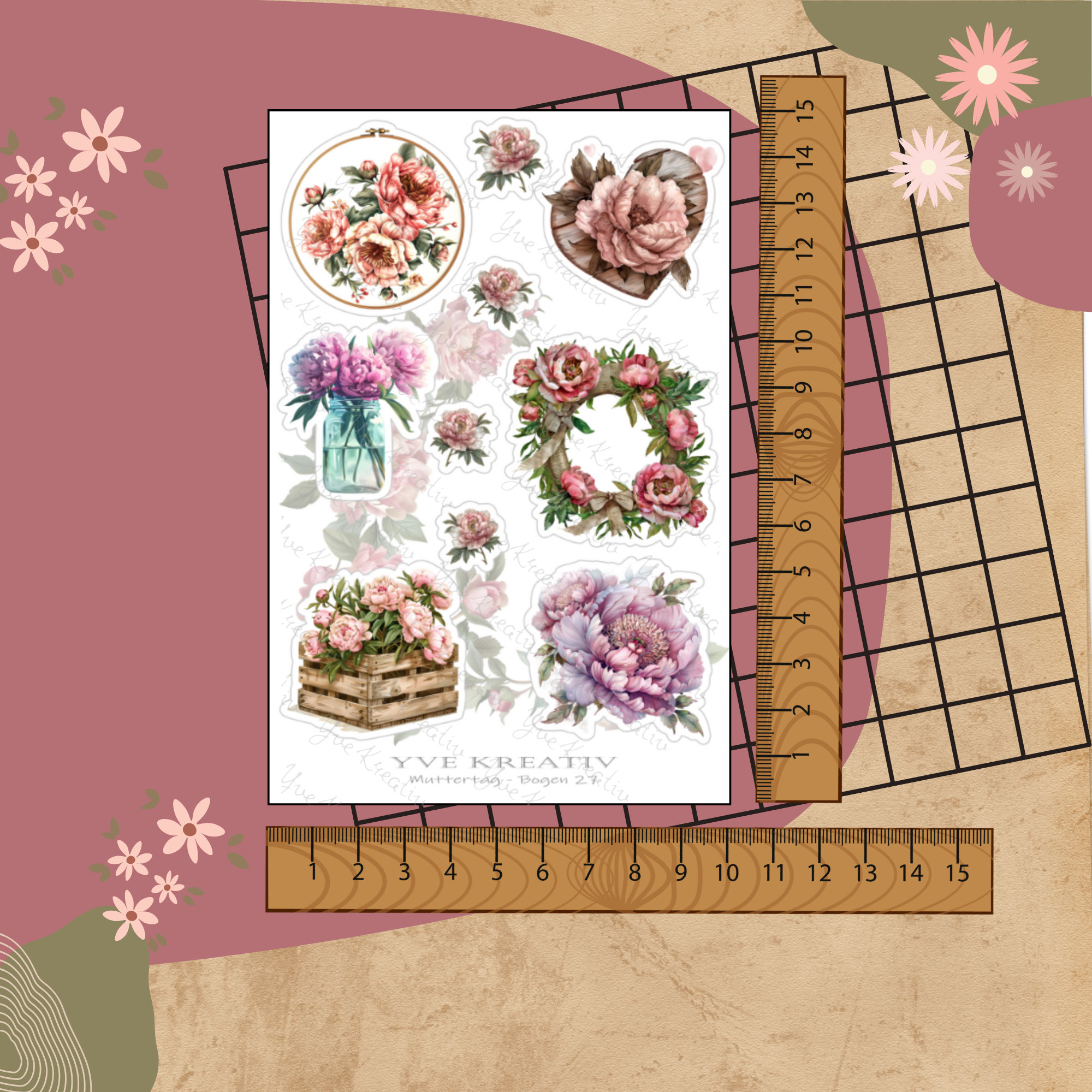 Sticker Aufkleber " Muttertag Nostalgie Pfingstrose " | Sticker Set - 3 Stickerbogen zur Auswahl in Weiß - Transparent - Matt - Glanz #SBA6
