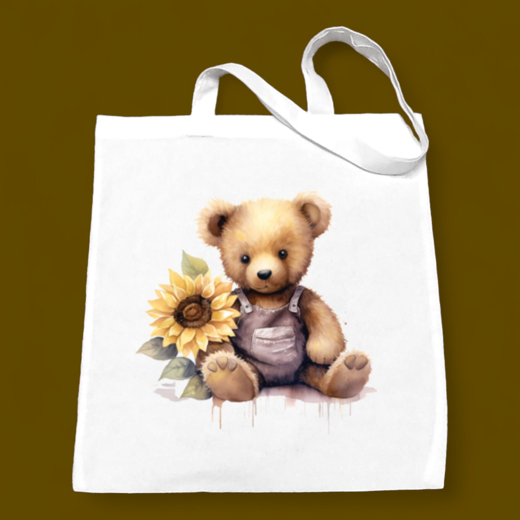 Stofftasche, Stoffbeutel, "Teddy, Bär, Sonnenblume", Einkaufstasche, Tasche, Geschenk zum Geburtstag in Weiß oder Beige  #STSUB