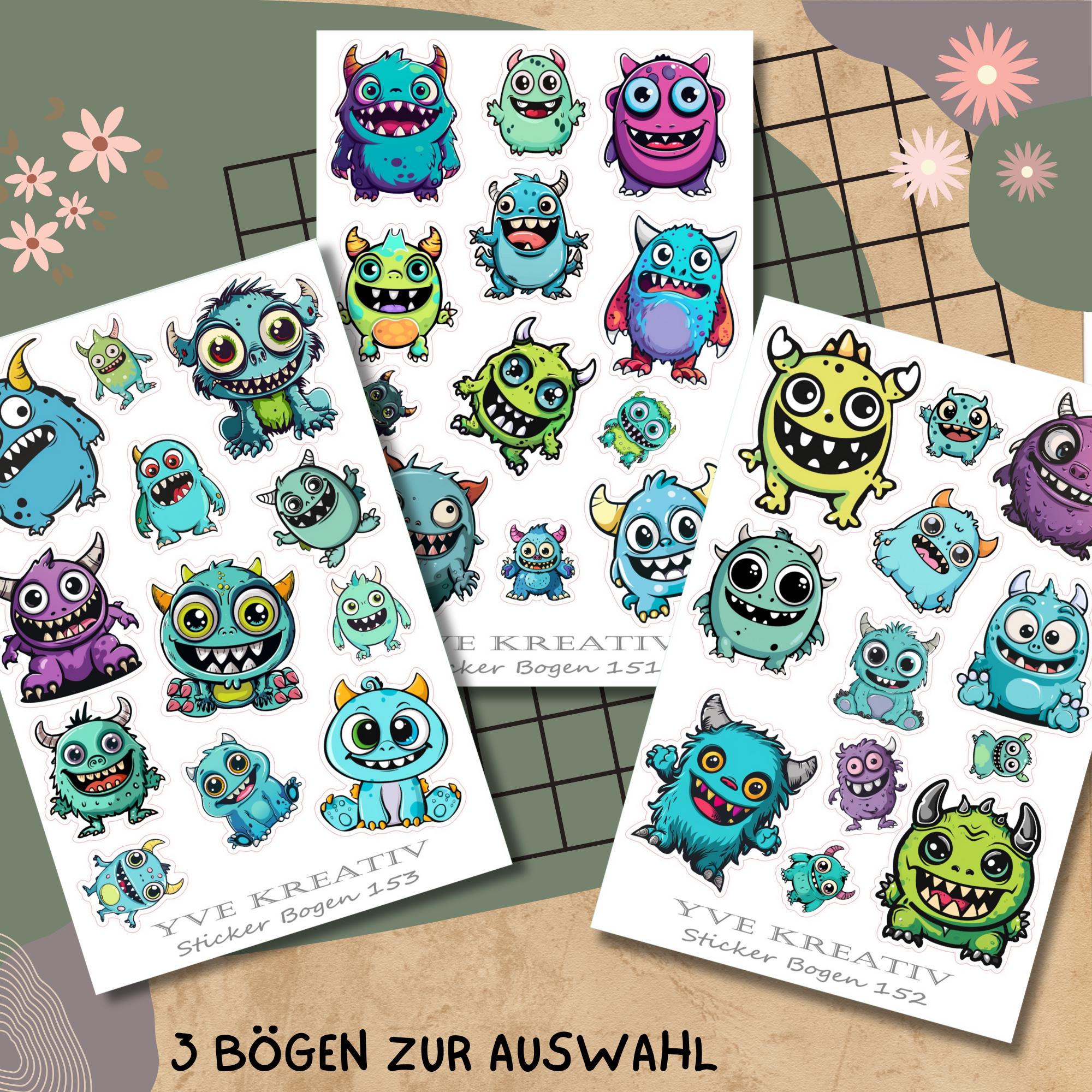 Stickerbogen, Aufkleber I lustige Monster, Aliens | Sticker Set - 3 Bögen zur Auswahl in Weiß - Transparent - Matt - Glanz  #SBA6