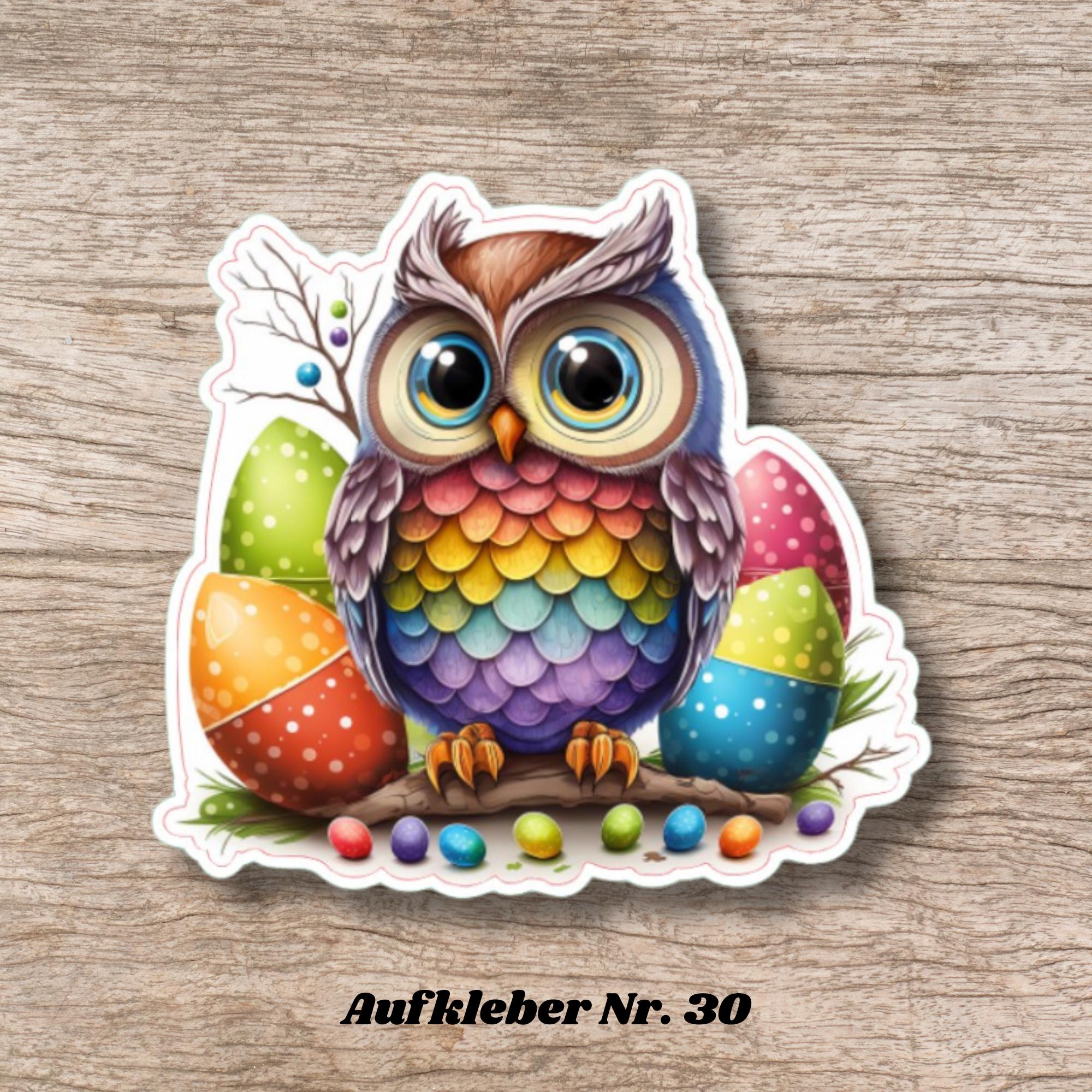 Aufkleber Ostern großer 8 cm Sticker Regenbogen Eule Deko Geschenkaufkleber - zur Auswahl in Weiß oder Transparent  #SEG8