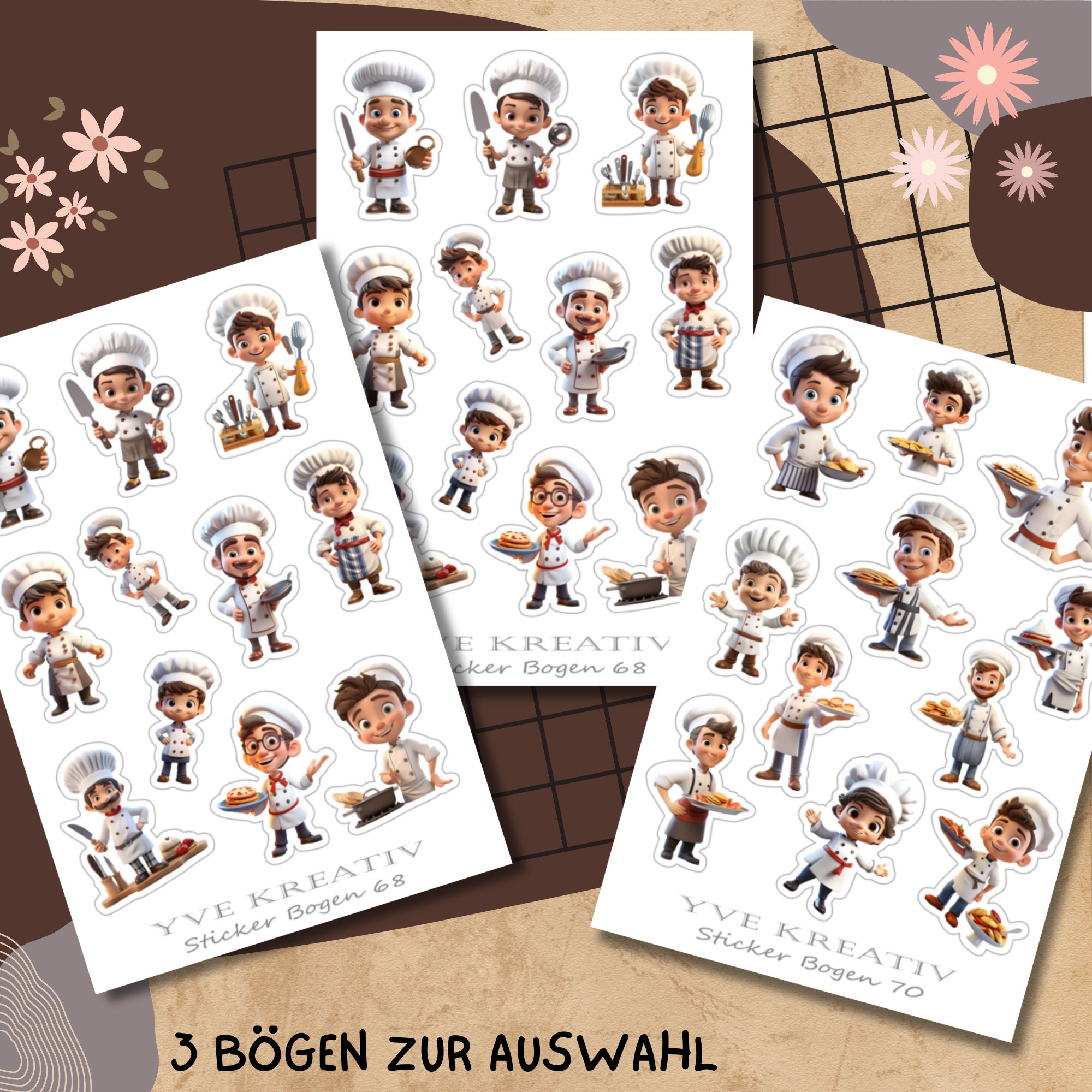 Sticker Bogen, Aufkleber, Beruf, Koch, Bäcker, Sticker Set 3 Stickerbogen zur Auswahl in Weiß - Transparent - Matt - Glanz  #SBA6