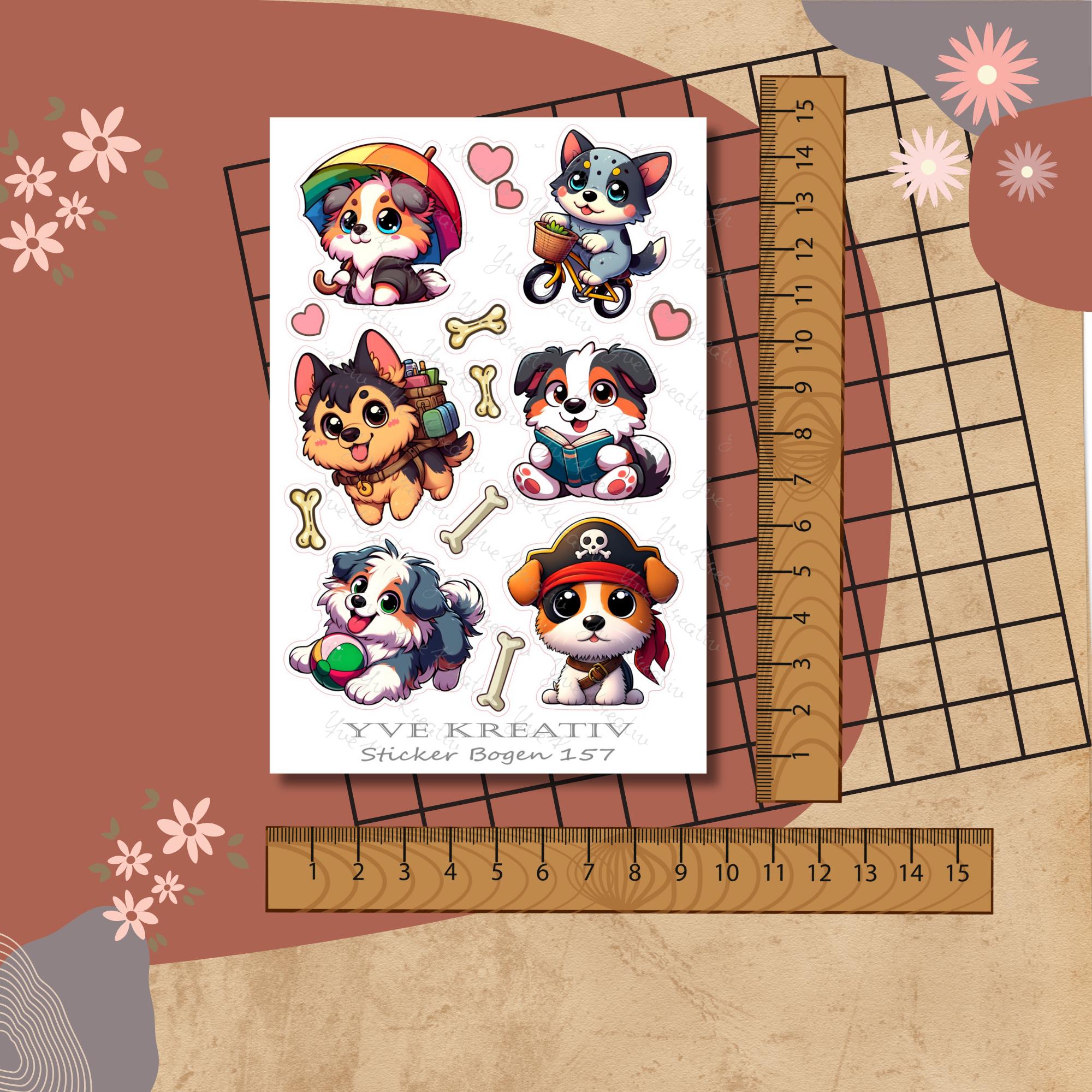 Aufkleber, Sticker Bogen, Hunde, Kawaii Dogs| Sticker Set - 3 Stickerbogen zur Auswahl in Weiß - Transparent - Matt - Glanz #SBA6