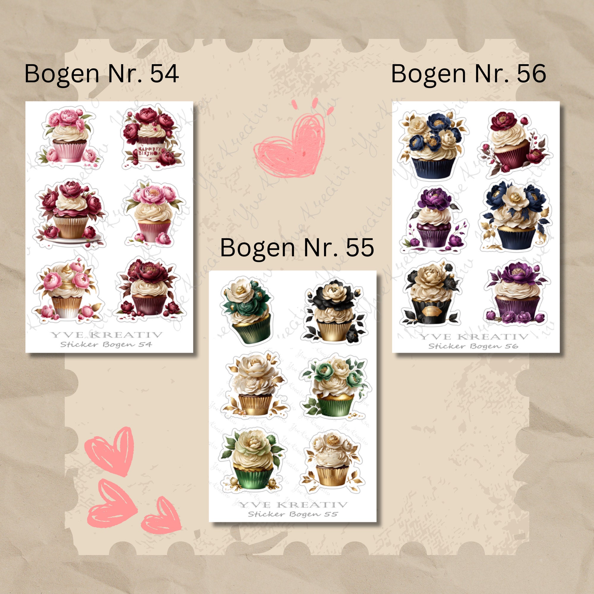 Sticker Bogen, Aufkleber, Cupcake, Muffin | Sticker Set - 3 Stickerbogen zur Auswahl in Weiß - Transparent - Matt - Glanz  #SBA6