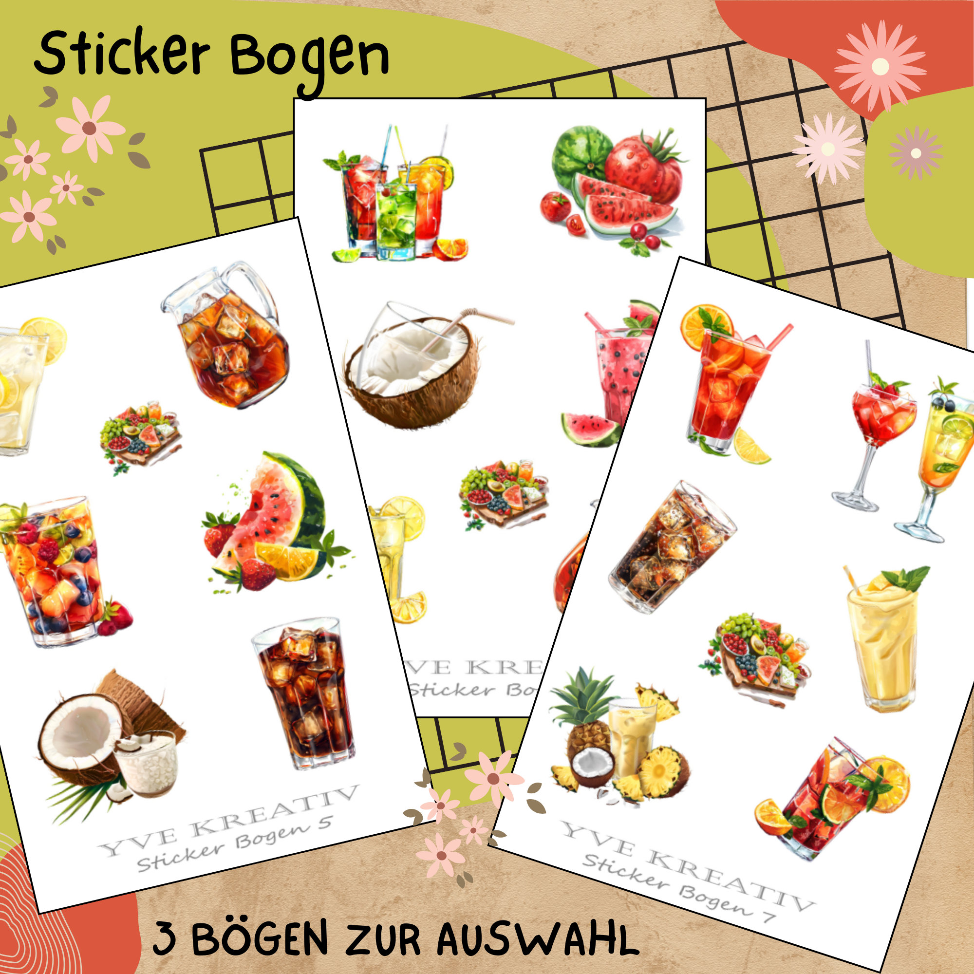 Sticker Bogen " Sommer Cocktail Party " | Sticker Set - Aufkleber 3 Stickerbogen zur Auswahl in Weiß - Transparent - Matt - Glanz  #SBA6
