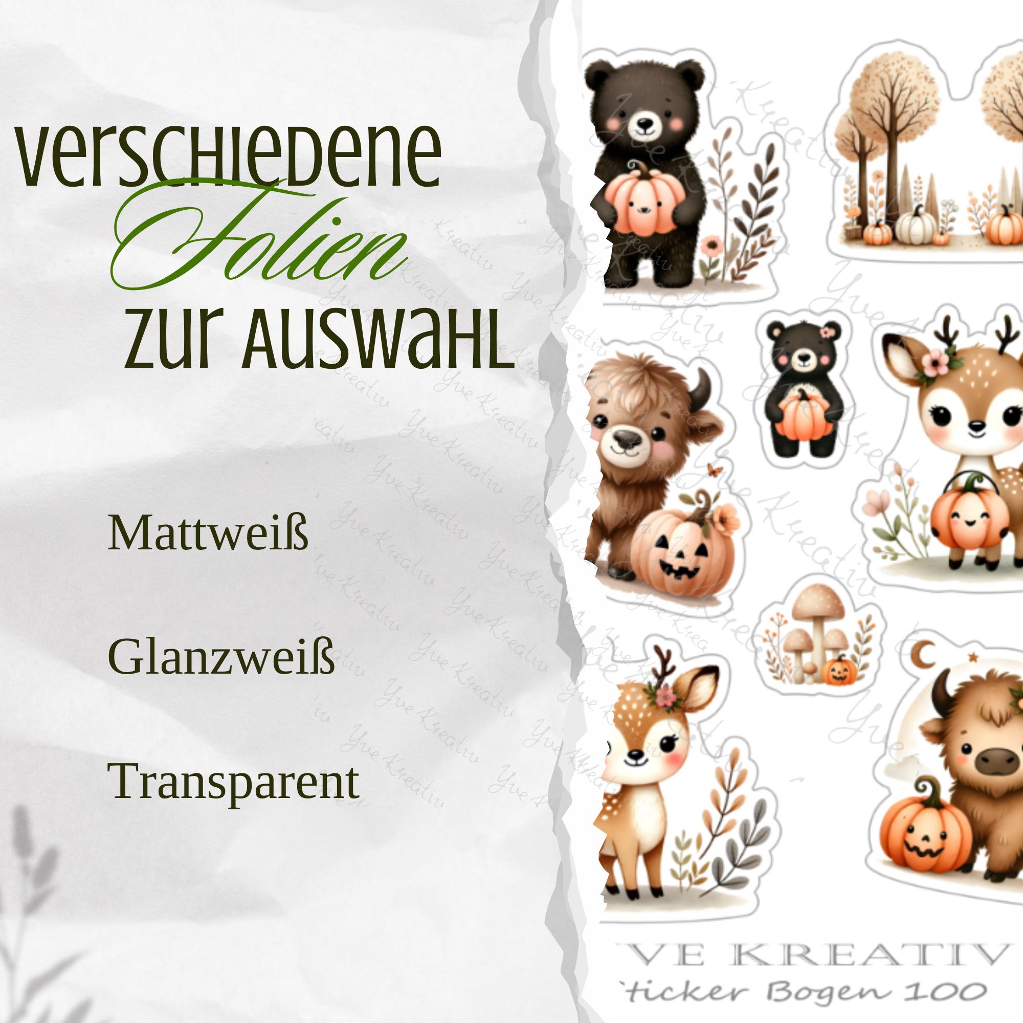 Aufkleber Waldtiere Stickerbogen Herbst Halloween Sticker Set - 3 Bögen zur Auswahl in Weiß - Transparent - Matt - Glanz #SBA6 Aufkleber Waldtiere Stickerbogen Herbst Halloween Sticker Set - 3 Bögen zur Auswahl in Weiß - Transparent - Matt - Glanz #SBA6