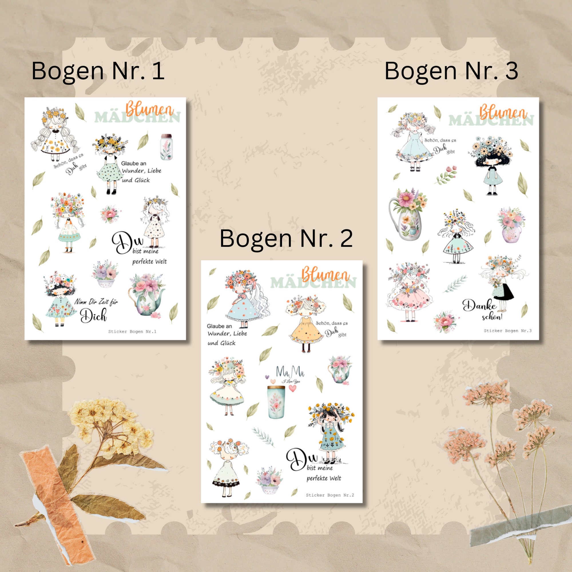 Stickerbogen Aufkleber  Stickerbogen "Blumen Mädchen" | Sticker Set - 3 Stickerbogen zur Auswahl in Weiß - Transparent - Matt - Glanz #SBA6