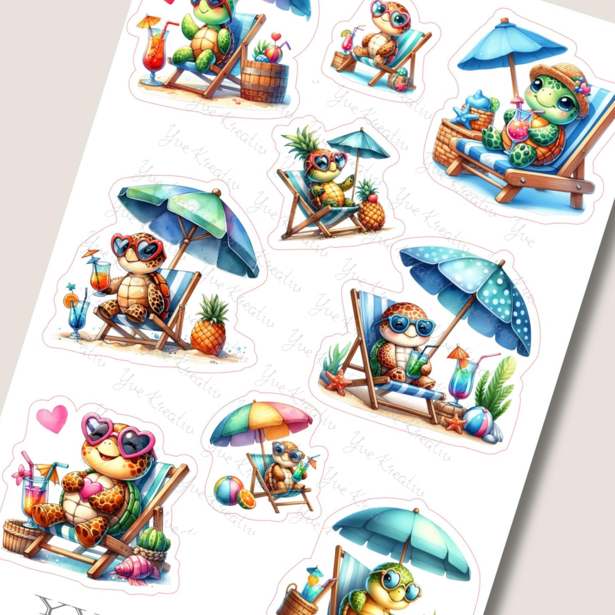 Aufkleber Urlaub Schildkröte Stickerbogen Strand Reise Sticker Set - 3 Bögen zur Auswahl in Weiß - Transparent - Matt - Glanz  #SBA6
